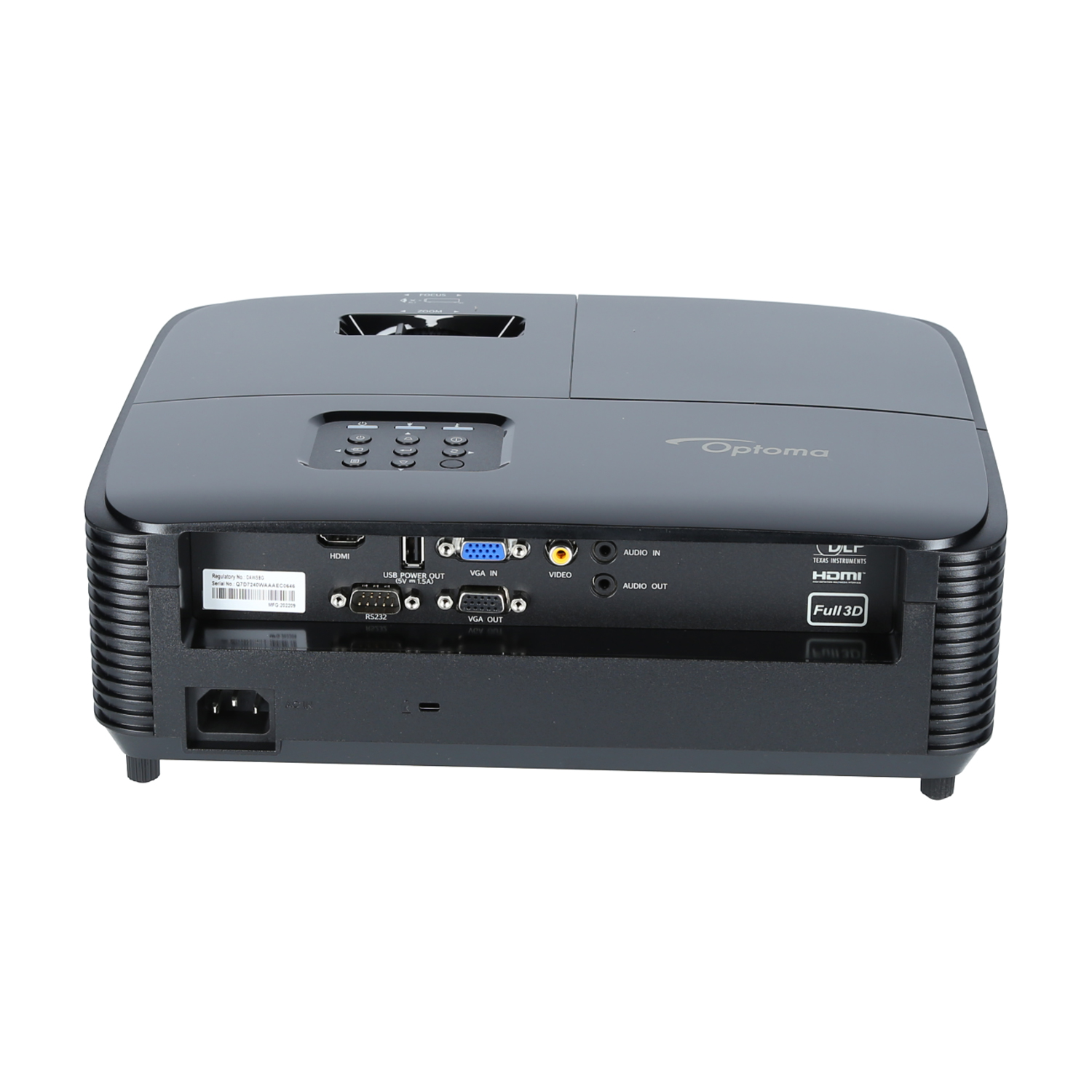 Tył czarnego projektora z wieloma portami i logami Optoma i Full 3D.