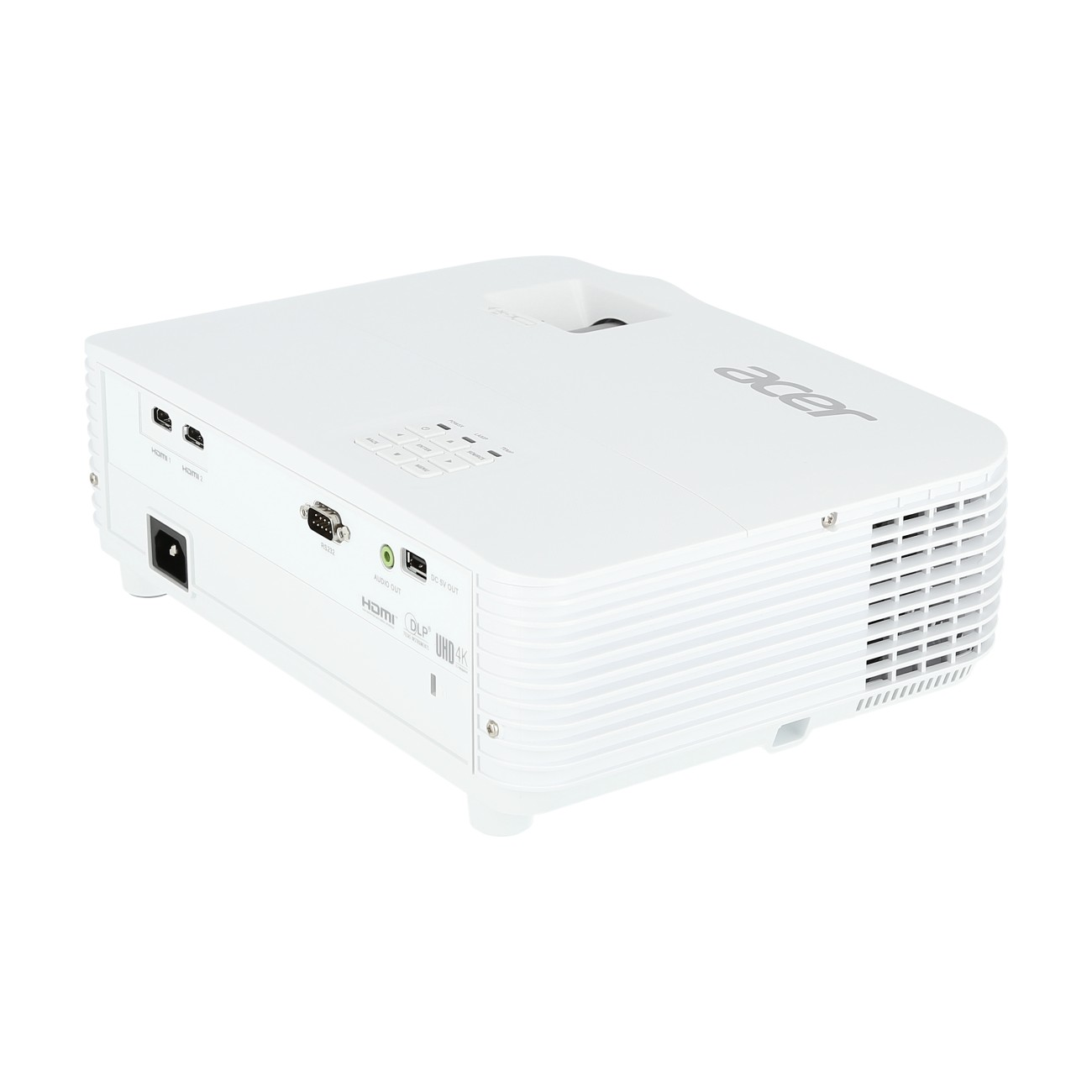 Biały projektor Acer z wieloma portami i kratką wentylatora.
