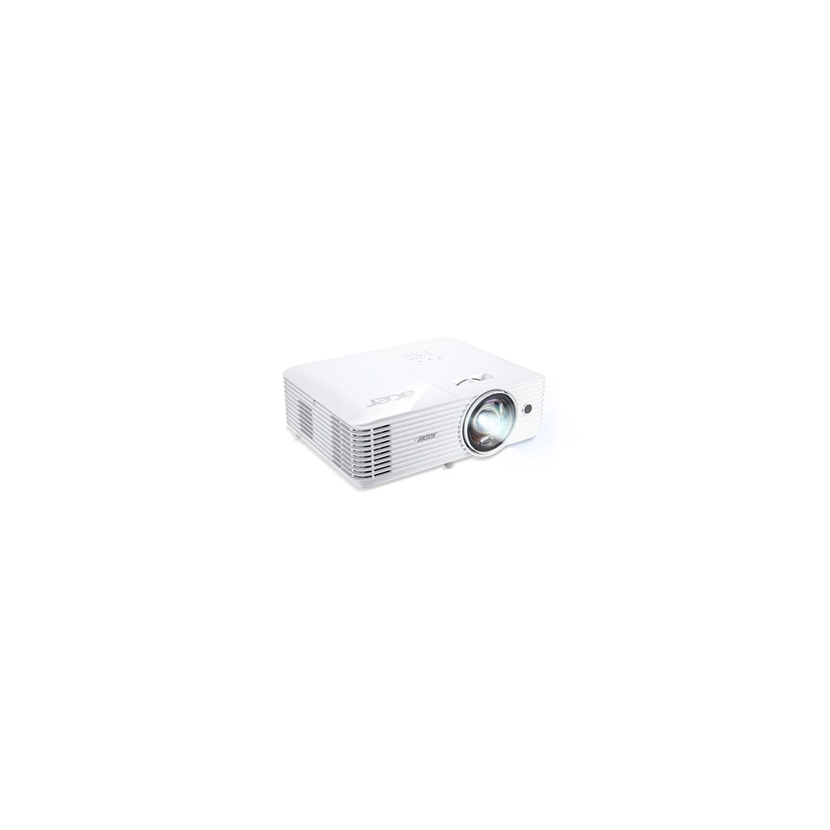 White projector on a white background. The lens is visible.