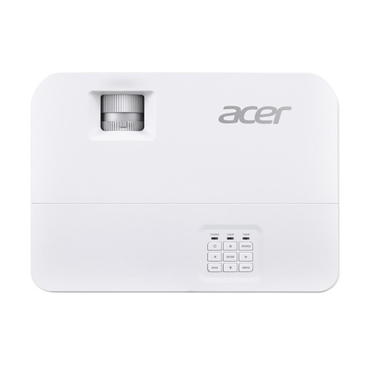 Biały projektor Acer z panelem sterowania. Srebrne logo Acer jest widoczne u góry, a klawiatura poniżej.