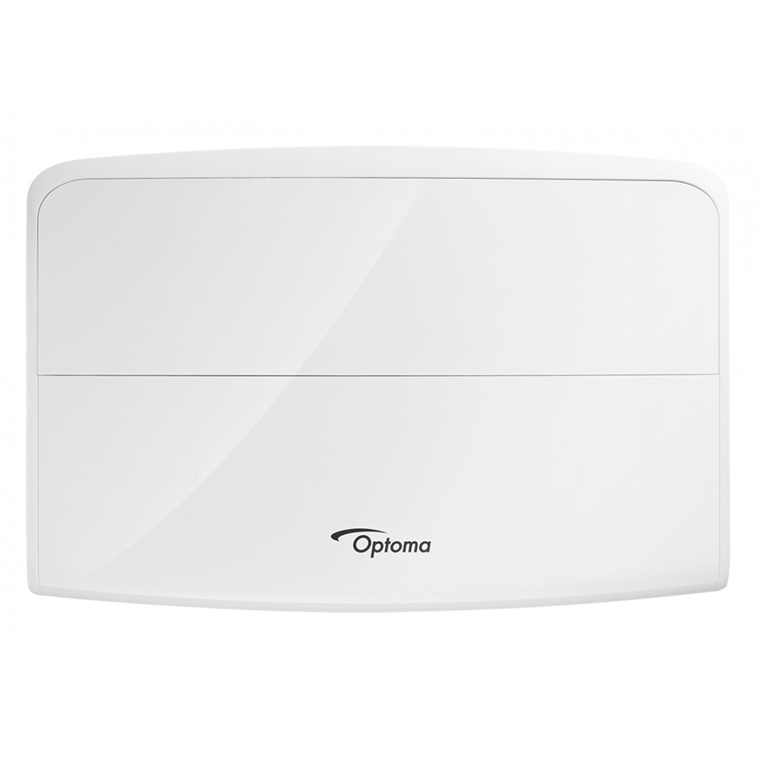 Ein weißer Optoma-Projektor. Das Optoma-Logo ist unten sichtbar.