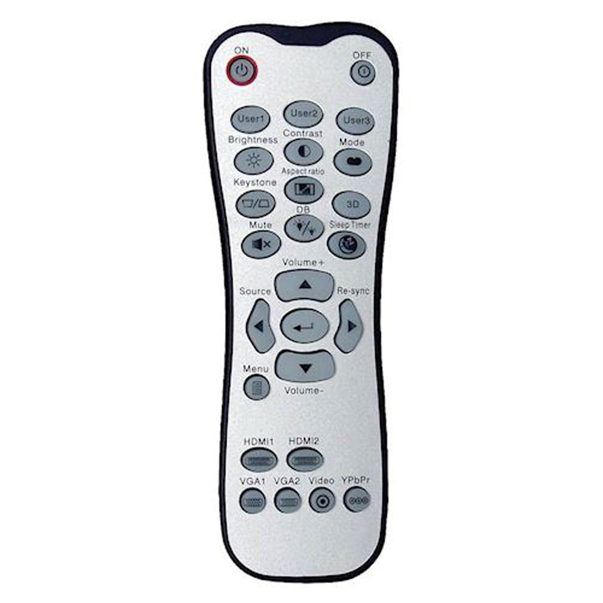 Un telecomando argentato con vari pulsanti ed etichette.