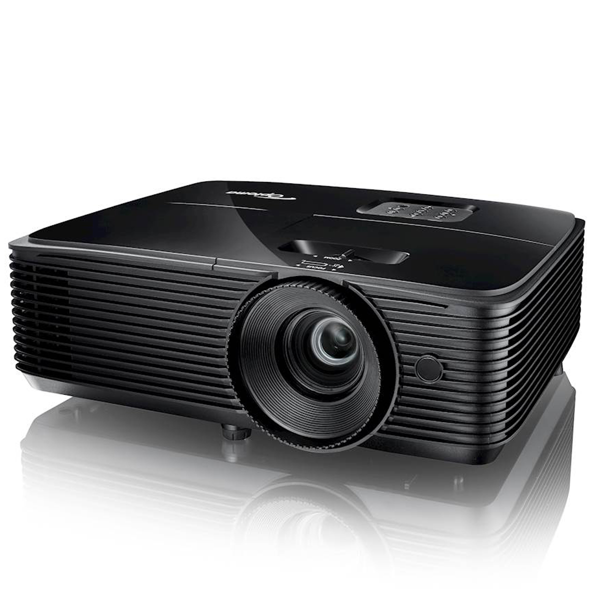 Un proiettore Optoma nero con una lente e una superficie riflettente sottostante.
