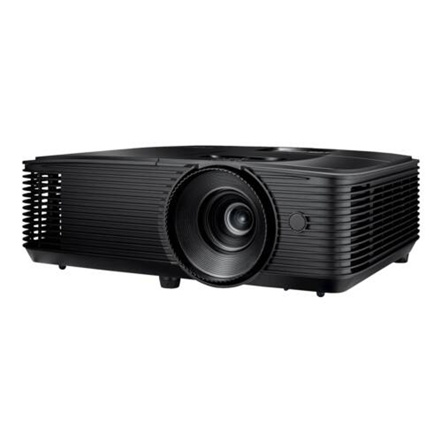 Proiettore nero su sfondo bianco. Ha una lente e molte fessure di ventilazione.