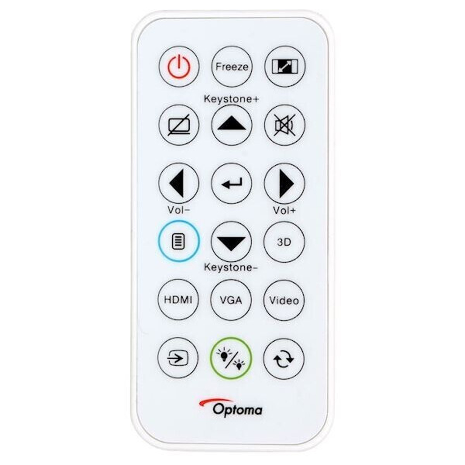 Telecomando bianco con vari pulsanti. Logo Optoma in basso.