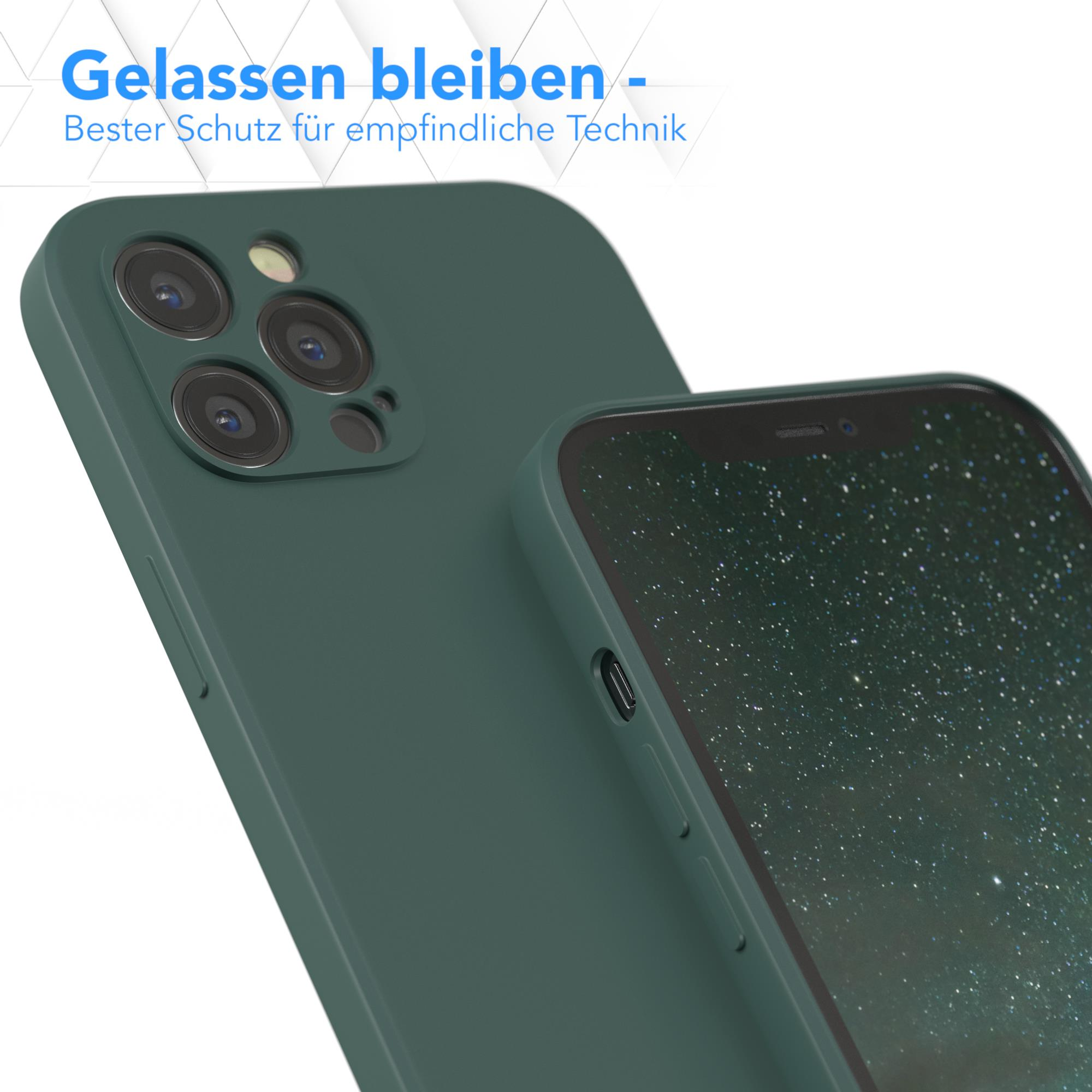 Grünes Telefon in grüner Hülle. Das Telefon befindet sich auf einer weißen Oberfläche. Text: „Gelassen bleiben“.