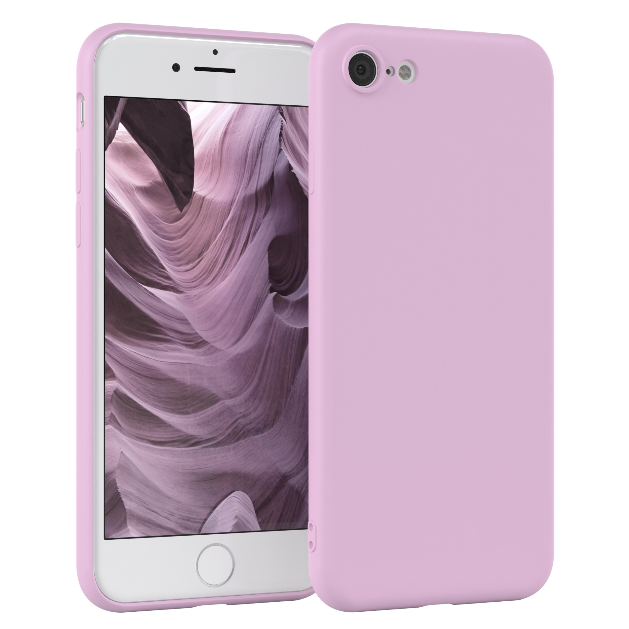 Eine hellrosa Handyhülle mit einem Handy darin. Der Hintergrund ist ein Canyon.