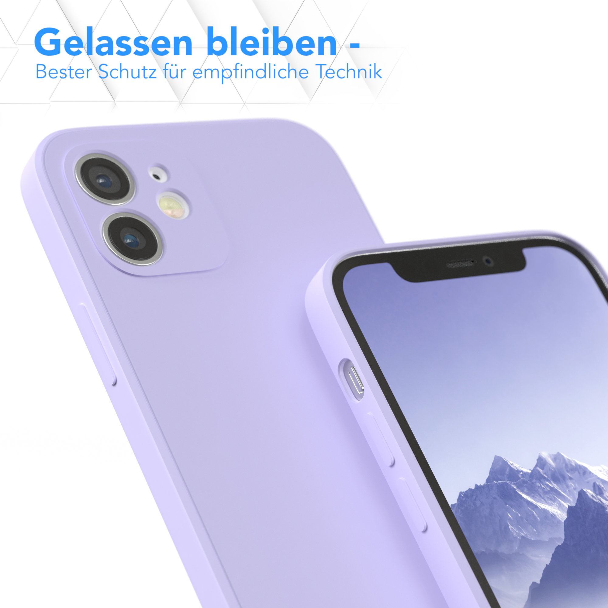 Lila Handyhülle mit Handy, weißer Hintergrund.