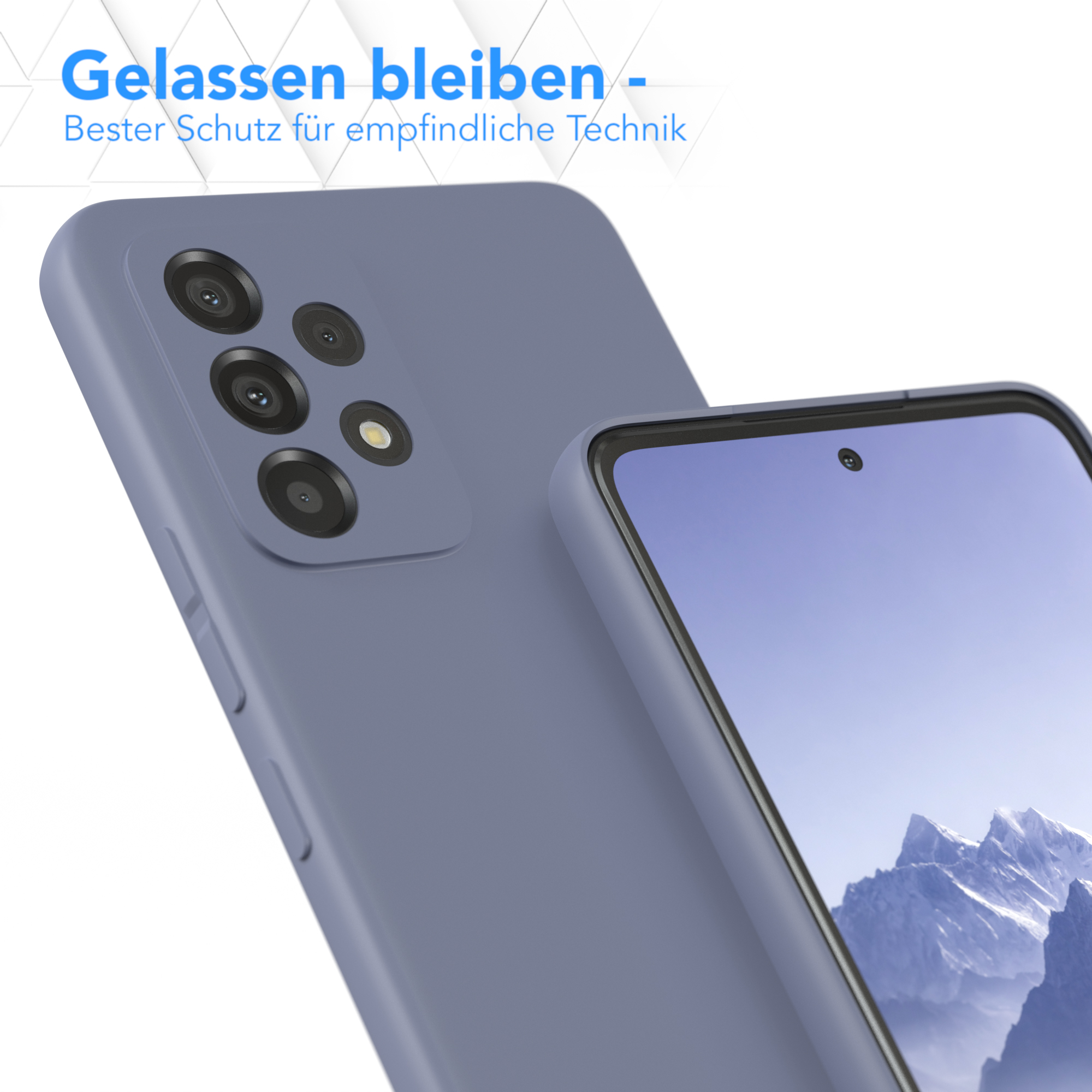 Blaue Handyhülle mit Handy; Texte oben; weißer Hintergrund.