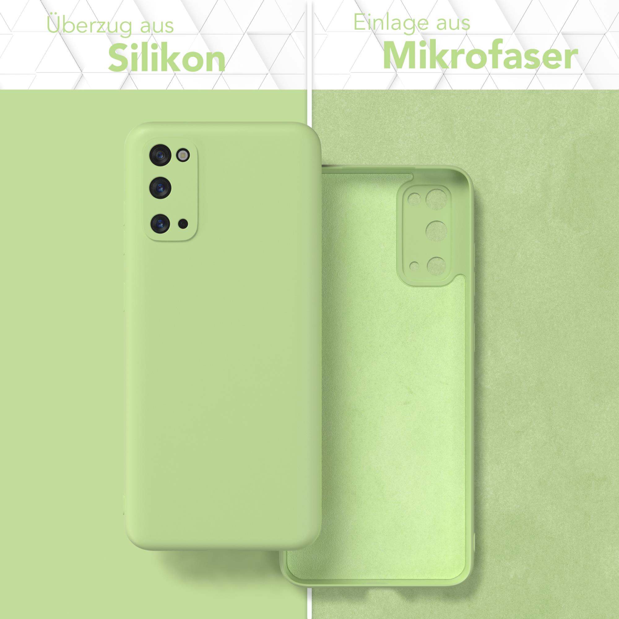 Grüne Handyhülle, außen Silikon, innen Mikrofaser. Die Hülle ist geöffnet, um das Innere zu zeigen.