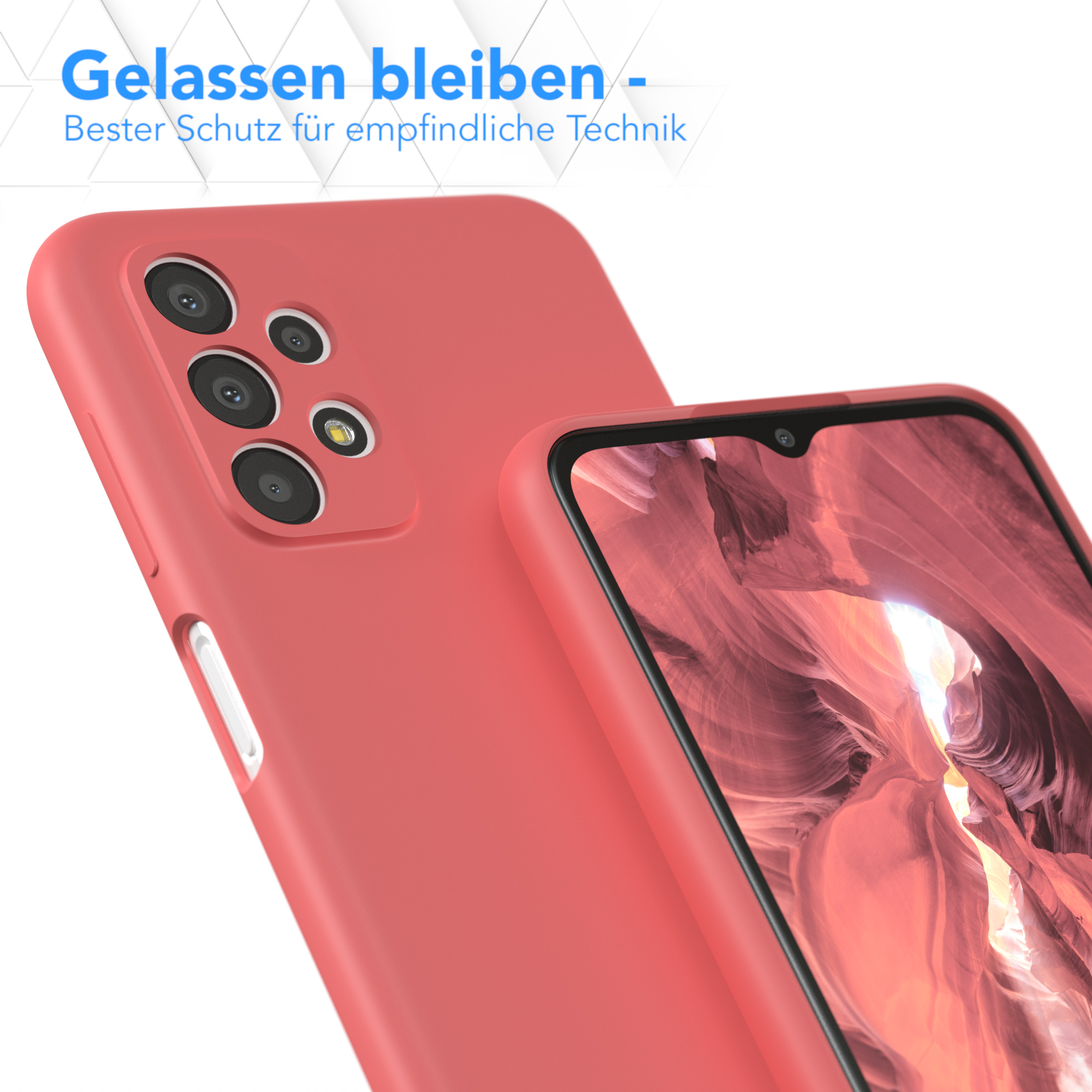 Rote Handyhülle mit Handy darin. Auf weißem Hintergrund.