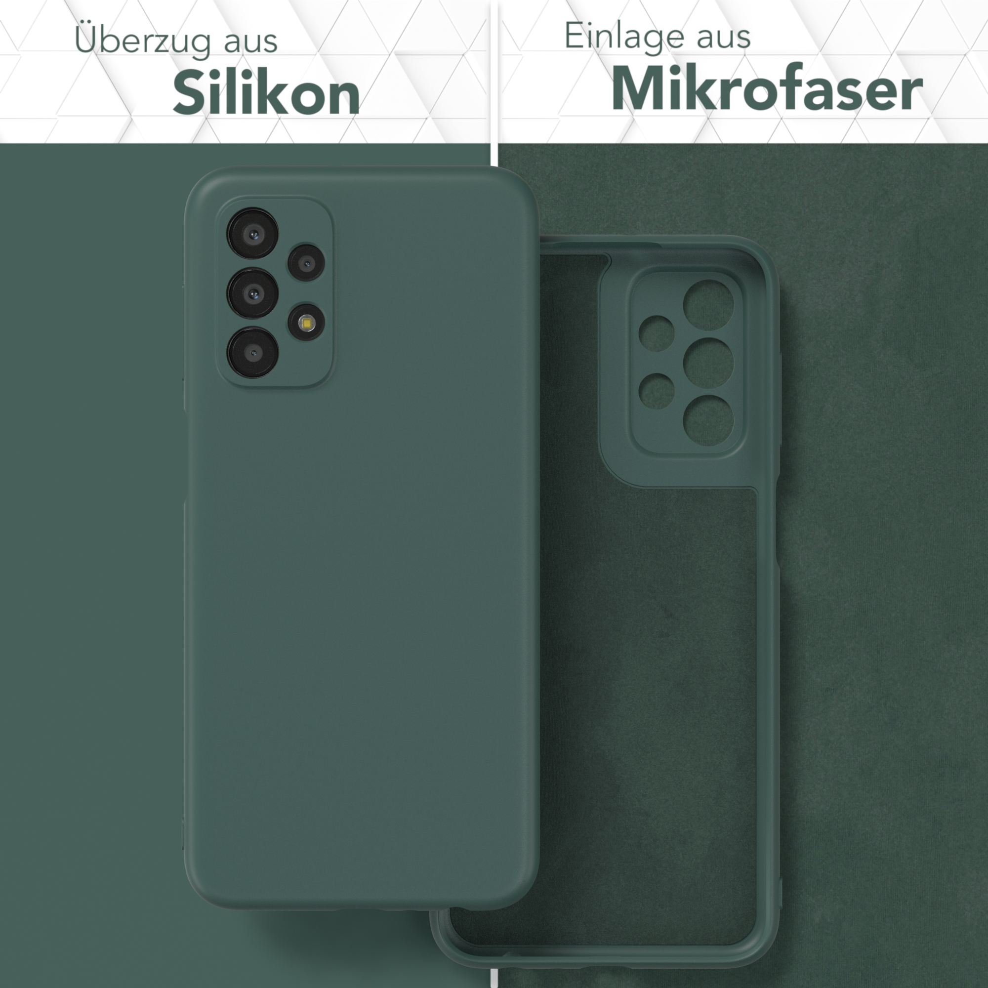 Grüne Handyhülle, Silikon außen, Mikrofaser innen, zweifarbiger Hintergrund.
