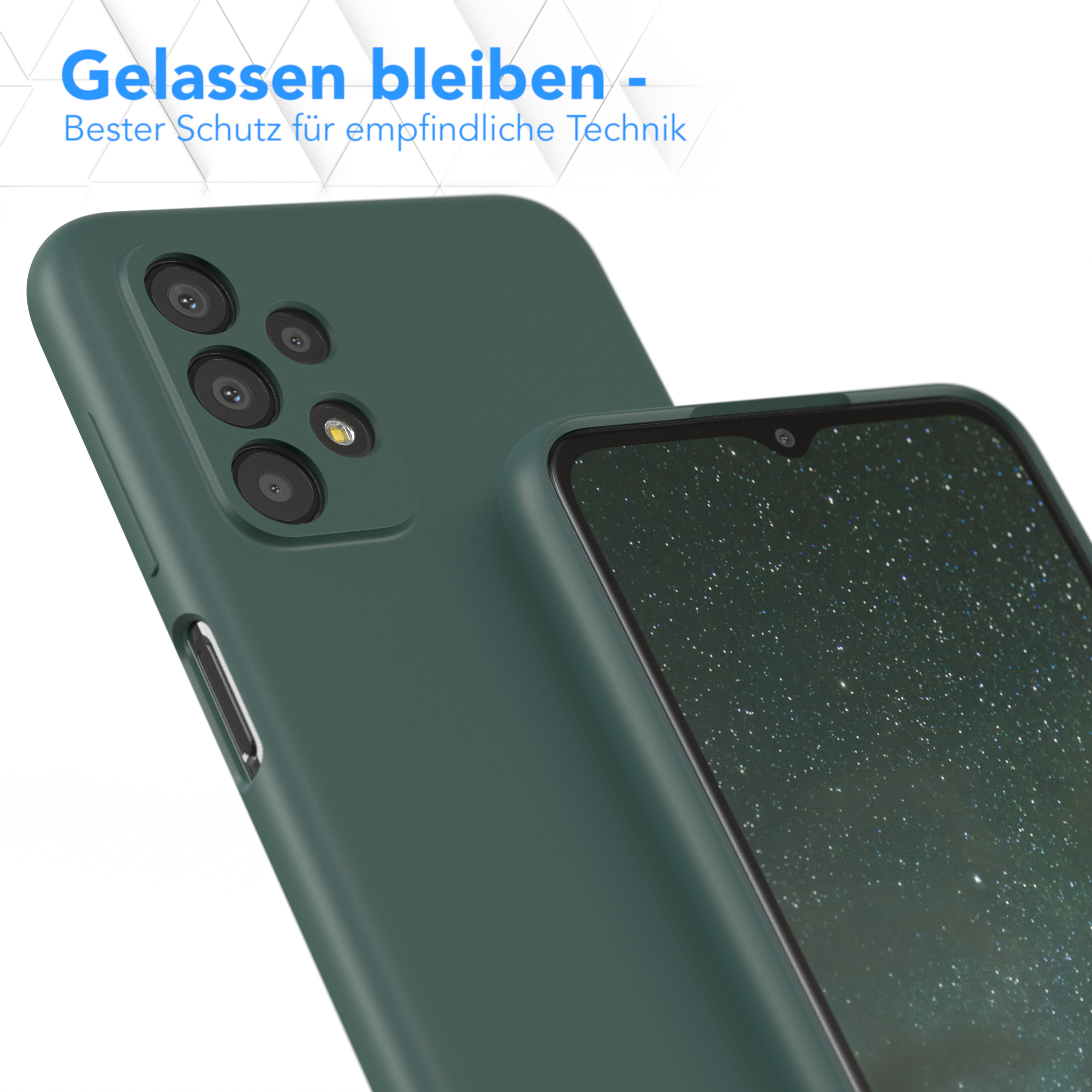 Zwei grüne Handyhüllen, eine fokussiert, mit Text auf weißem Grund.