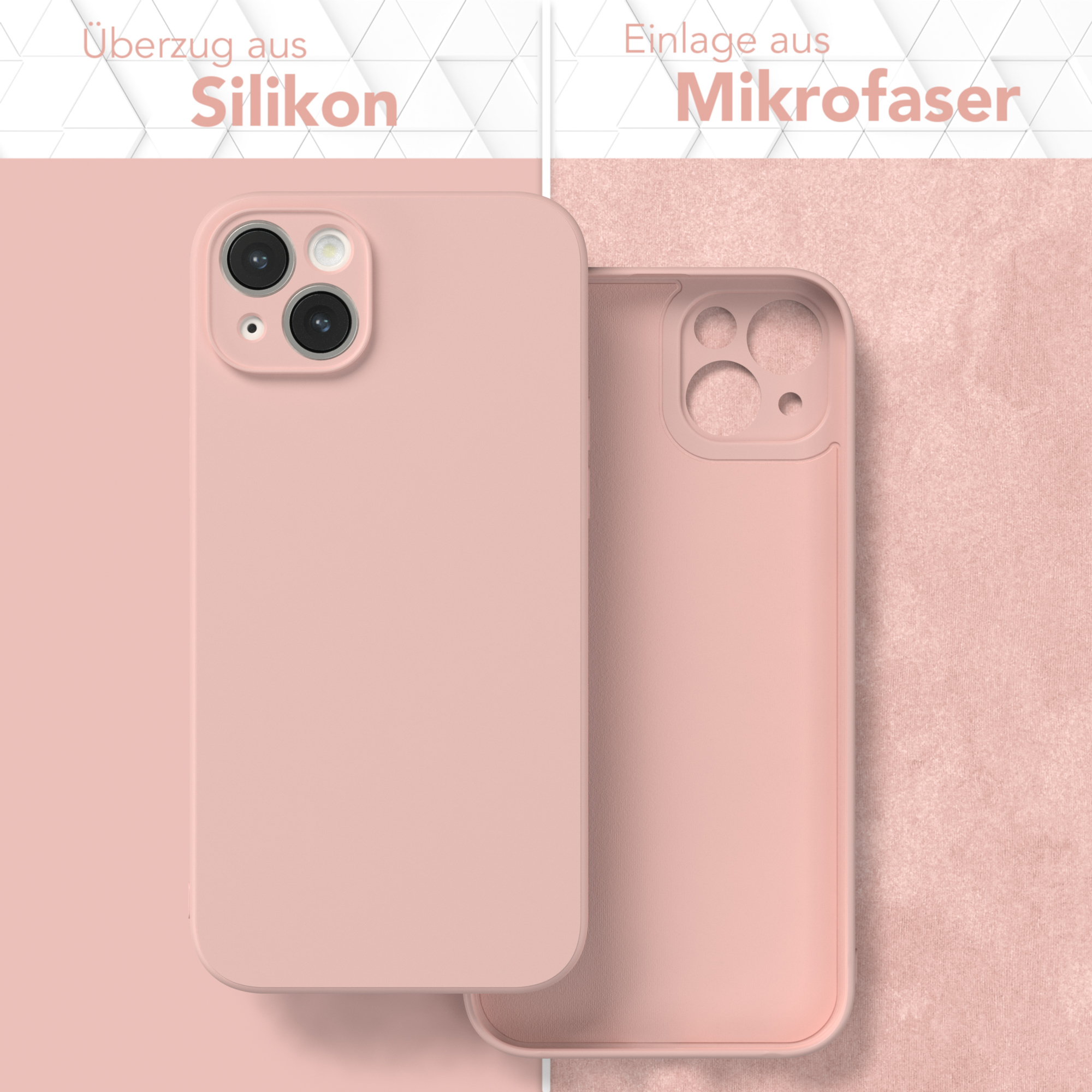 Rosa Handyhülle mit Telefon. Silikontextur und Mikrofaser innen. Text auf der Hülle.