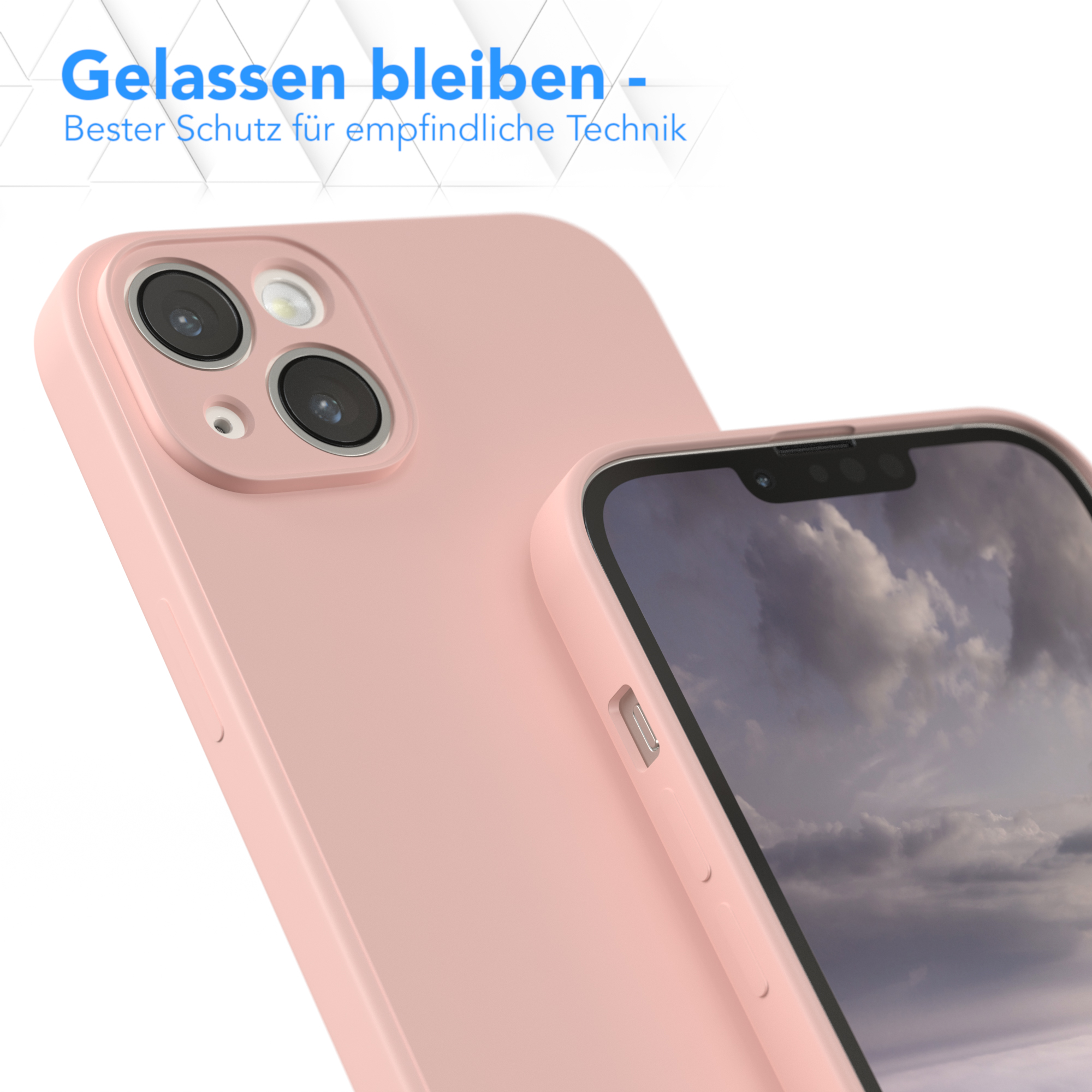 Rosa Handyhülle und Telefon, Rückansicht, Text oben, weißer Hintergrund.
