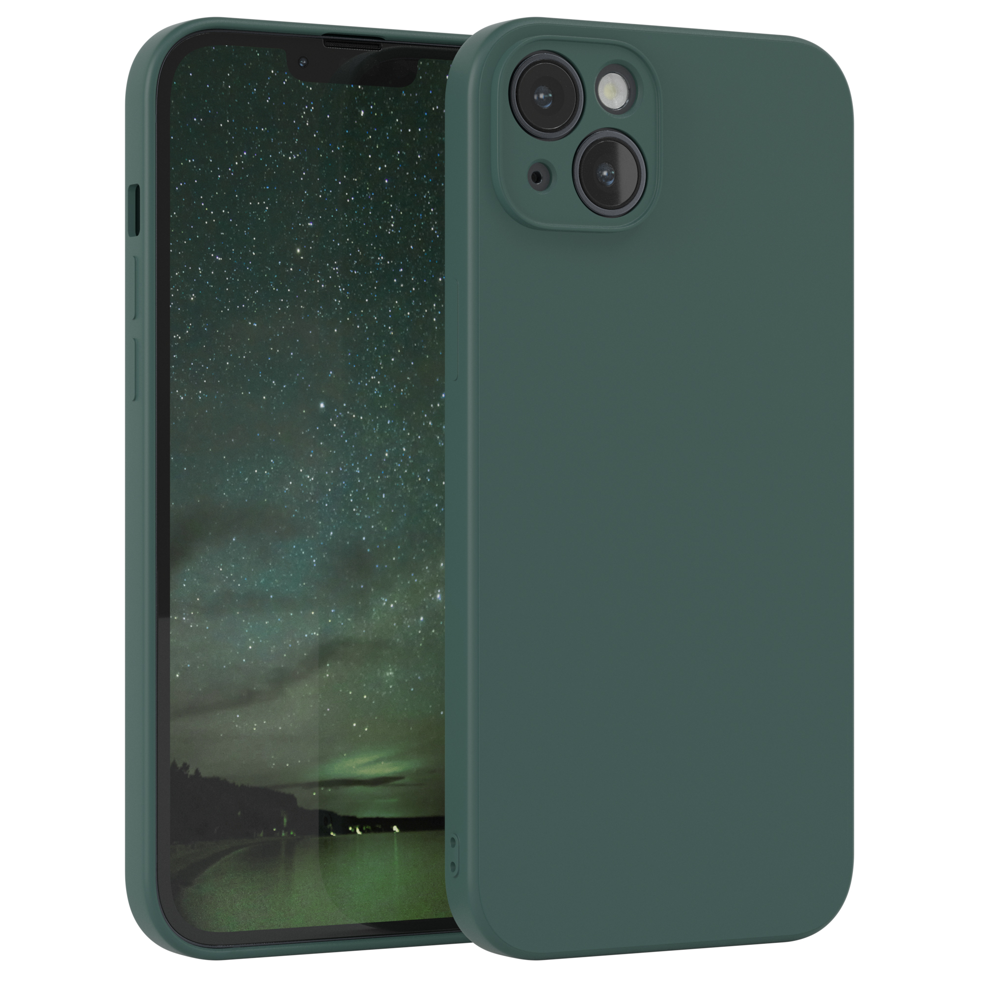 Grüne Handyhülle mit einem Telefon. Weißer Hintergrund.