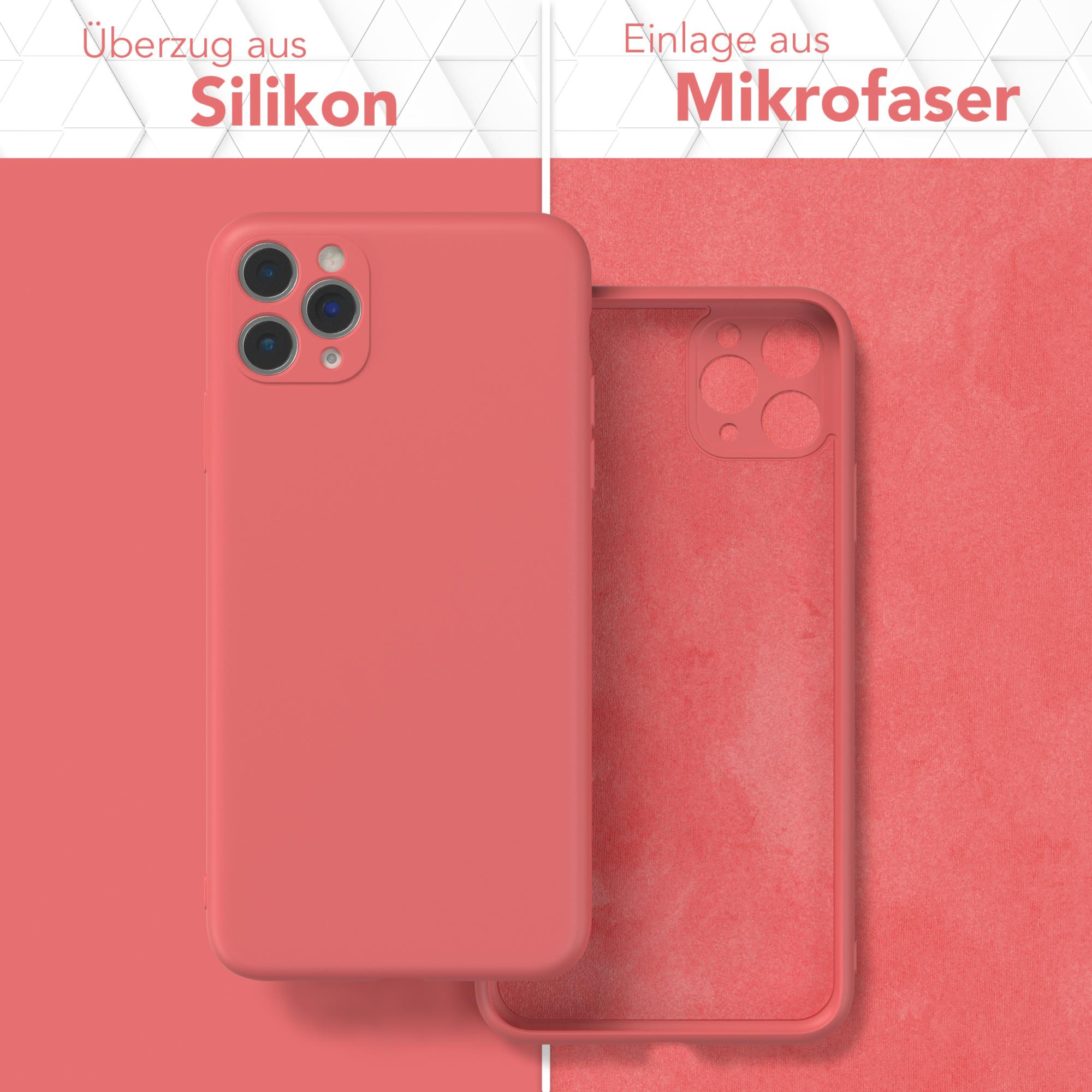 Rote Handyhülle. Linke Hälfte: Silikonhülle. Rechte Hälfte: Mikrofaserfutter. Worte: Silikon, Mikrofaser.