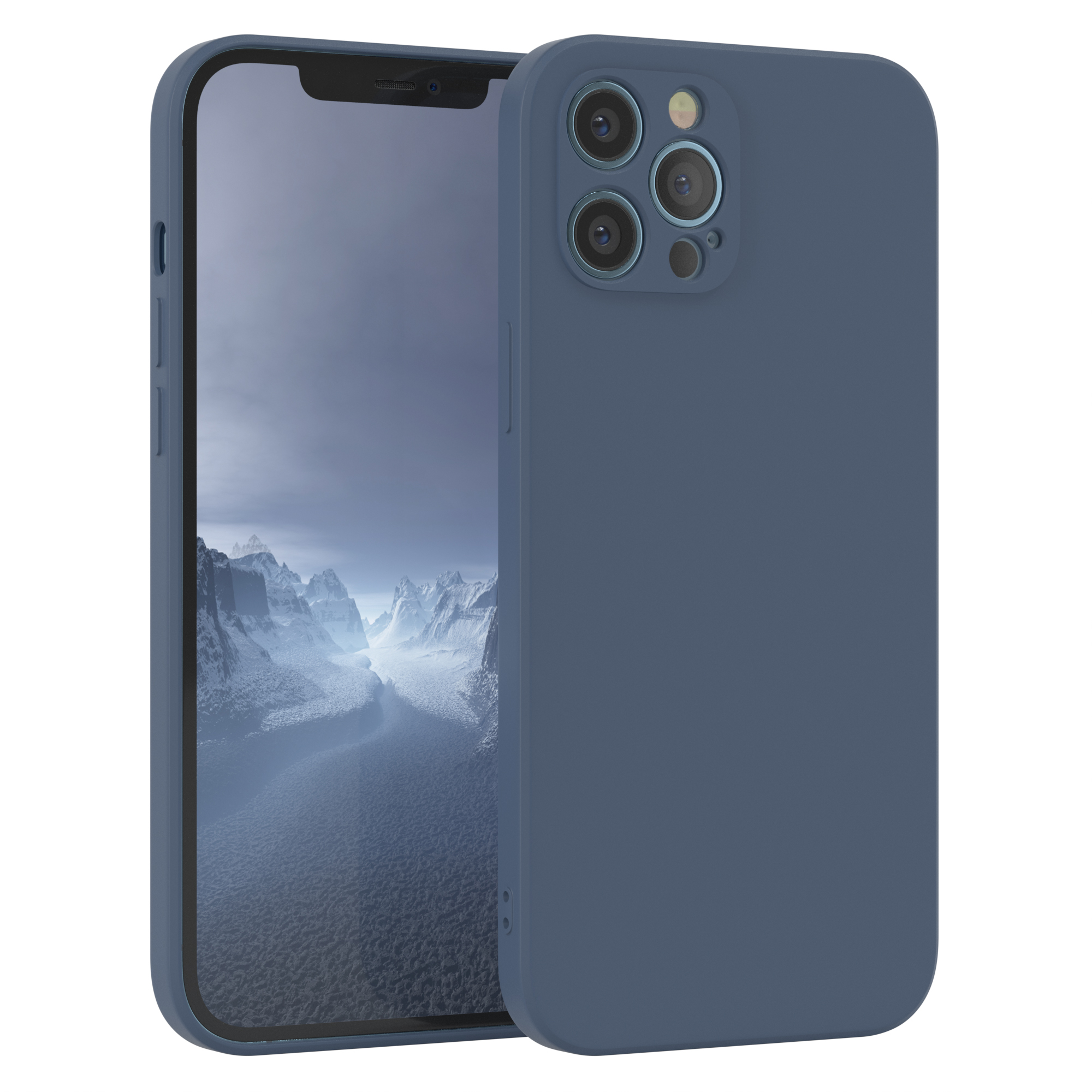 Blaues Telefon mit Schutzhülle. Die Hülle bedeckt die Rückseite und die Ränder des Telefons.