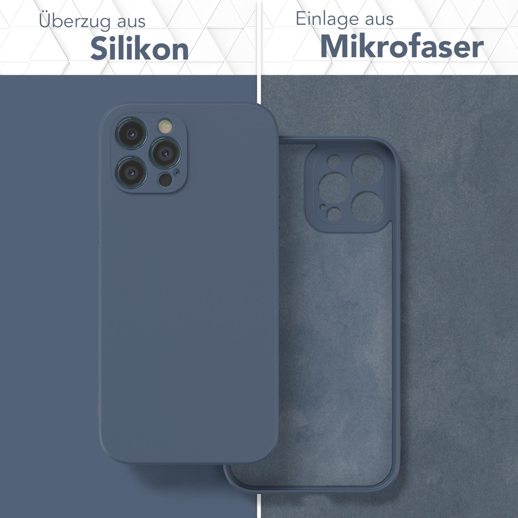 Eine blaue Handyhülle, links Silikon, rechts Mikrofaser, vor blauem und grauem Hintergrund.