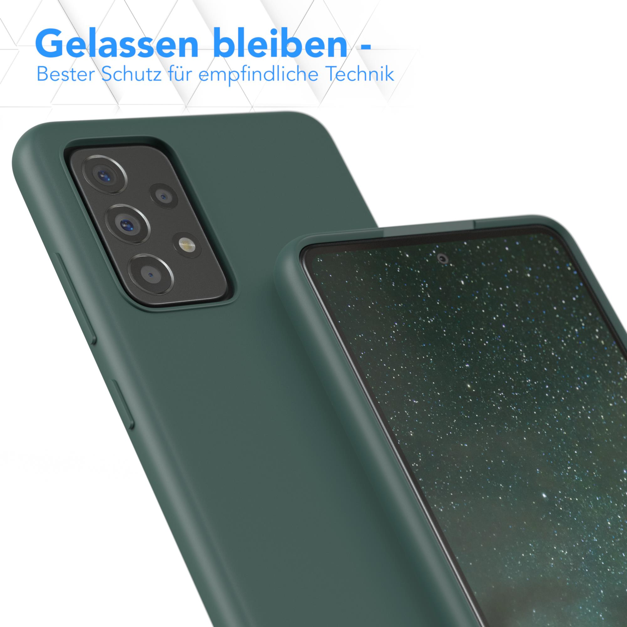Grüne Handyhülle auf einem Telefon, mit Text: 'Entspannt bleiben', vor grünem Hintergrund.
