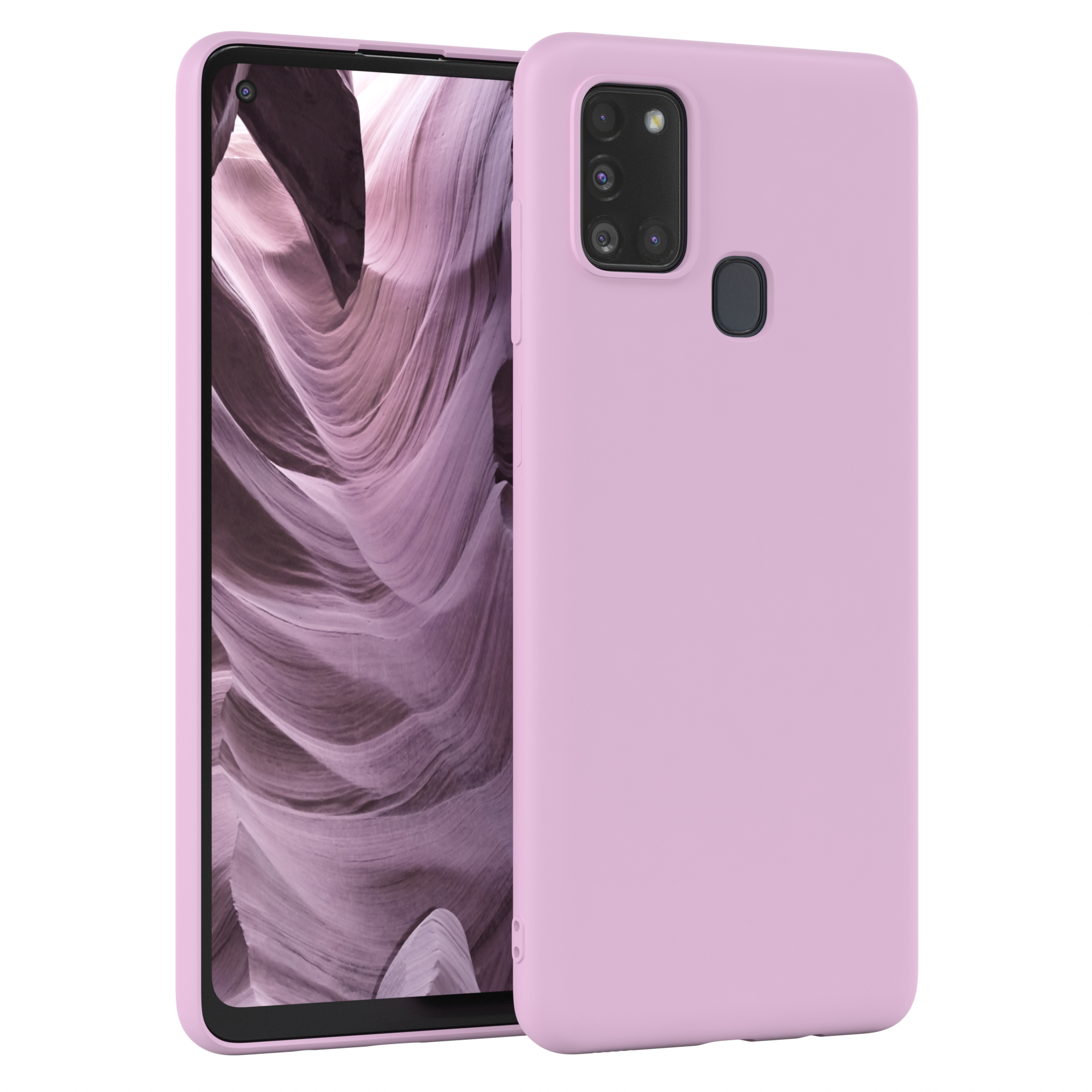 Rosa Handyhülle. Das Telefon ist hellrosa. Der Hintergrund ist ein Wellenmuster.