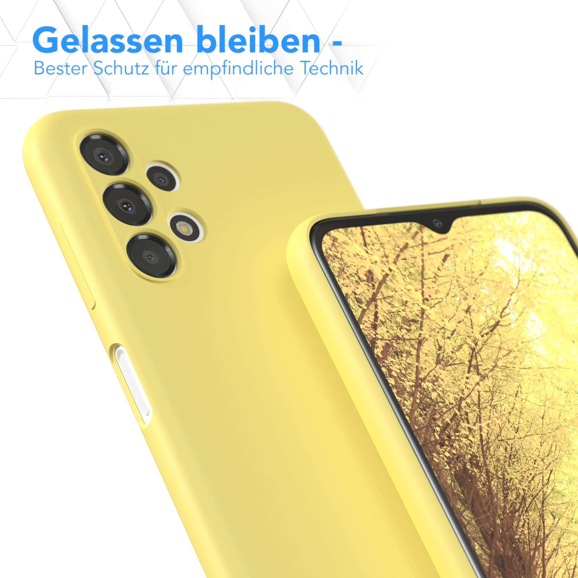 Eine gelbe Handyhülle schützt ein Telefon mit mehreren Kameras. Der Text lautet „Gelassen bleiben“.