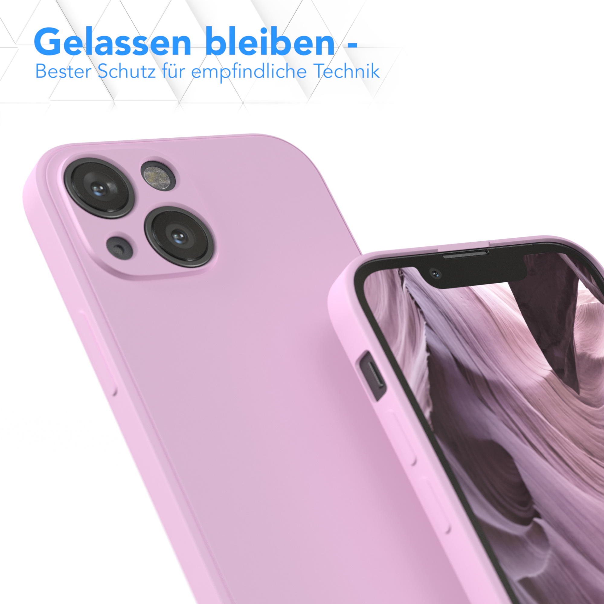 Eine hellrosa Handyhülle mit einem Telefon dahinter. Der Hintergrund ist eine verschwommene rosa Textur.