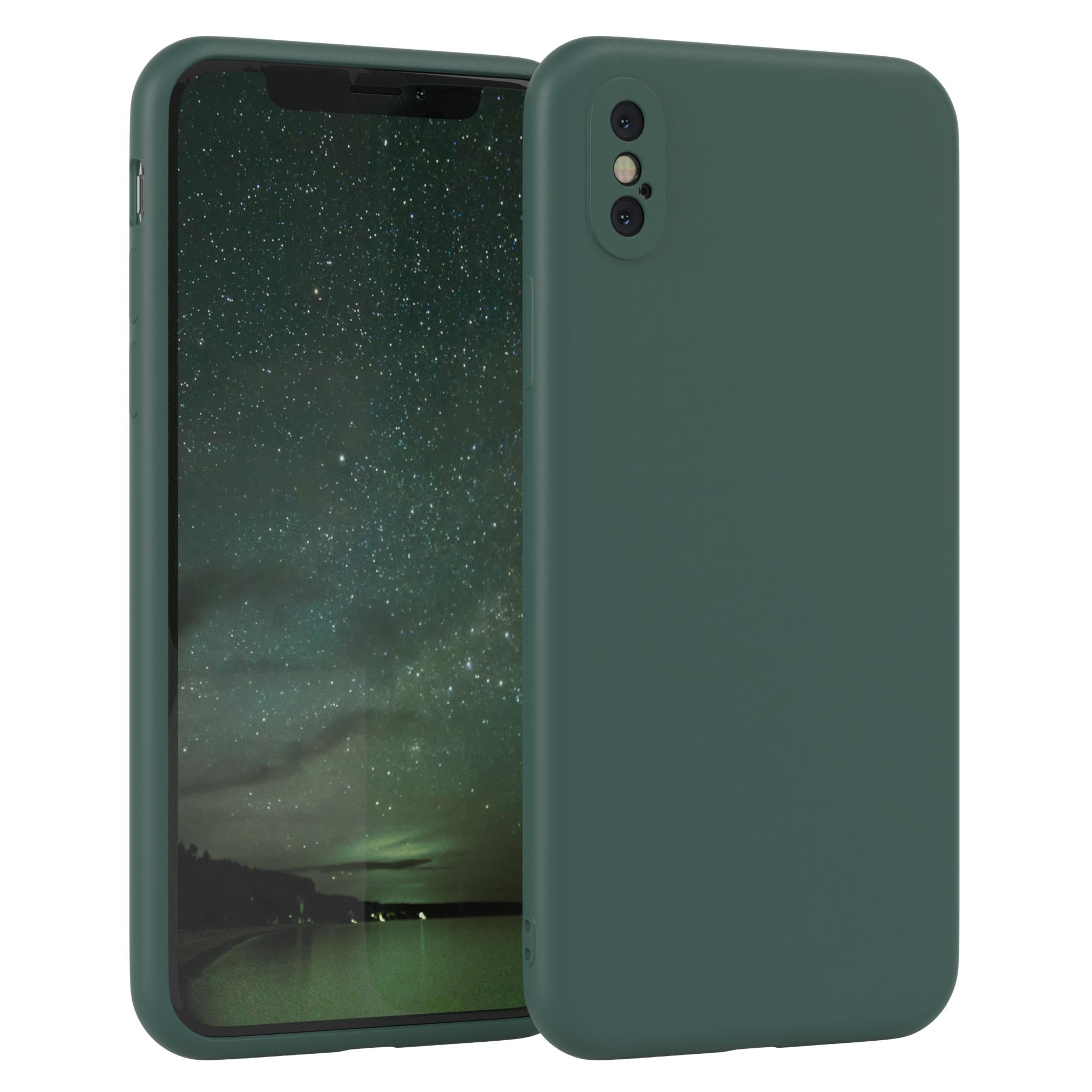 Zwei grüne Handyhüllen, eine mit dem Telefon darin, auf weißem Hintergrund.