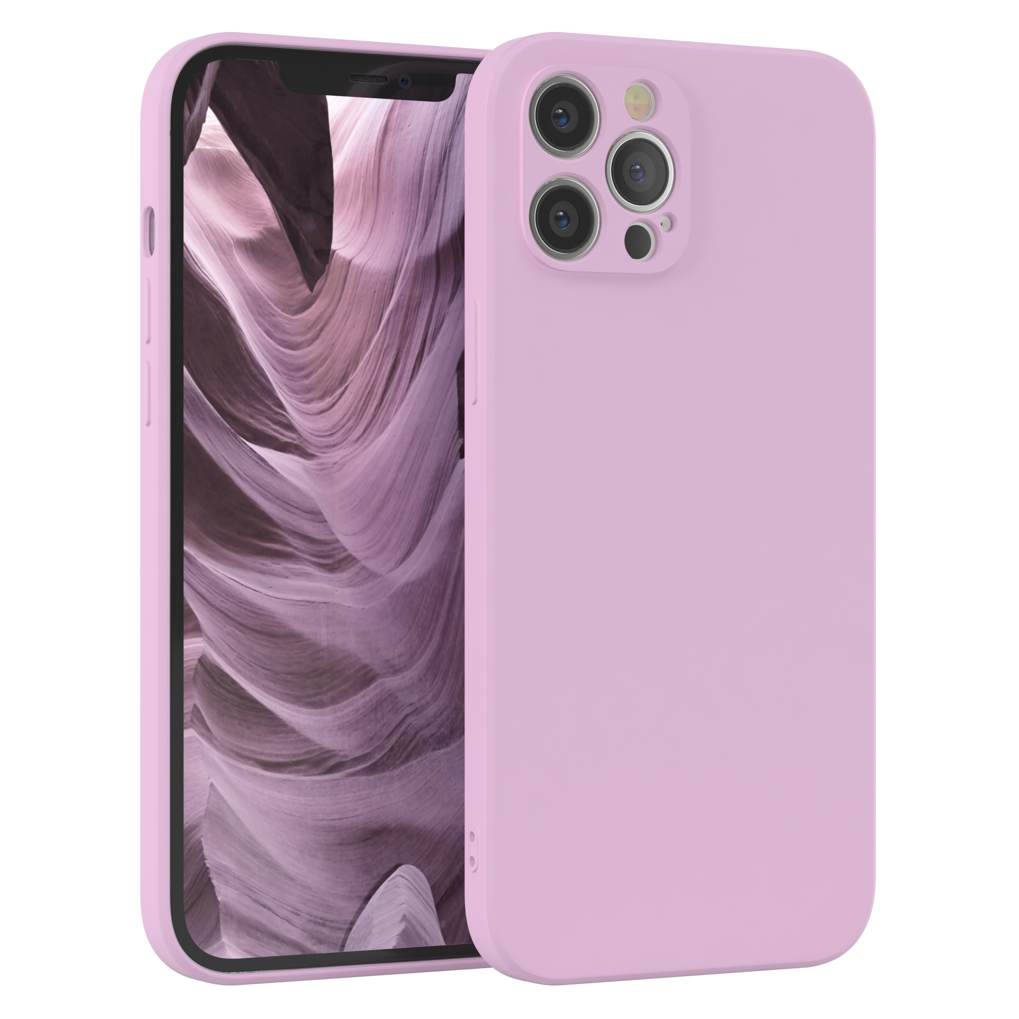Rosa Handyhülle mit Telefon. Das Telefon befindet sich links von der Hülle.