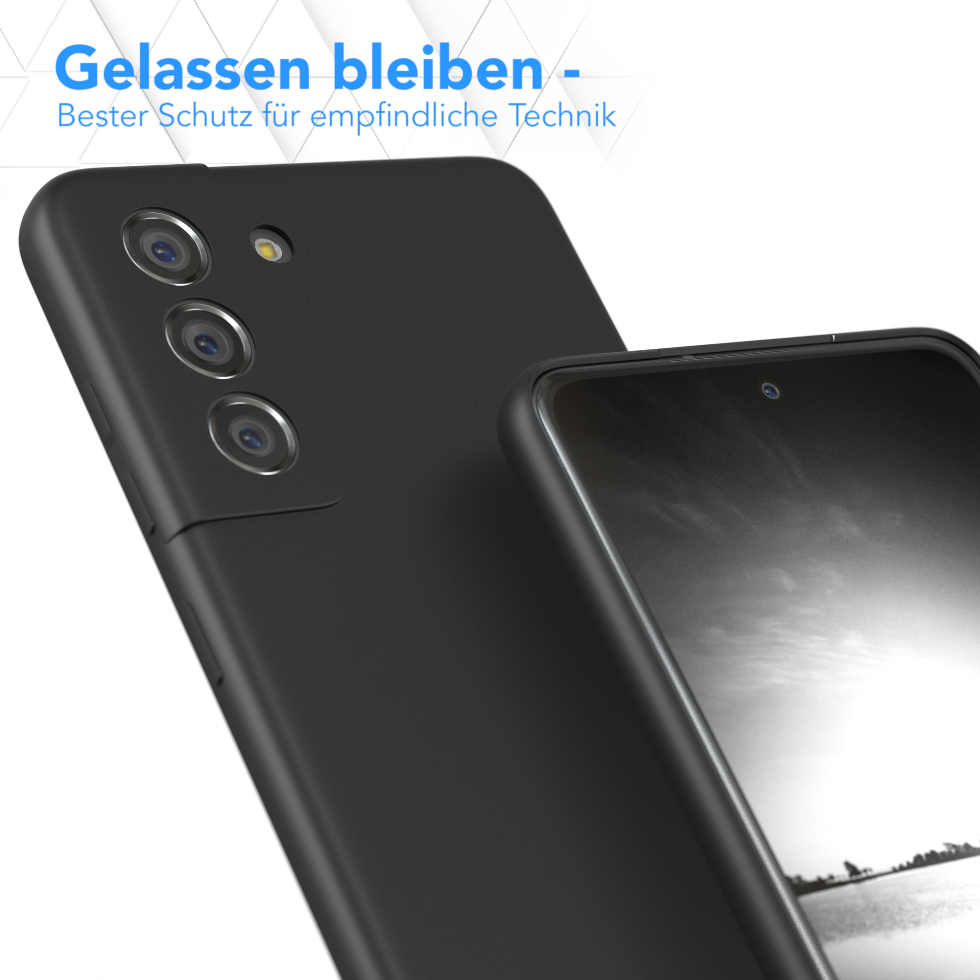 Eine schwarze Handyhülle. Die Hülle bedeckt die Rückseite eines Telefons, wobei die Kameralinsen sichtbar sind.