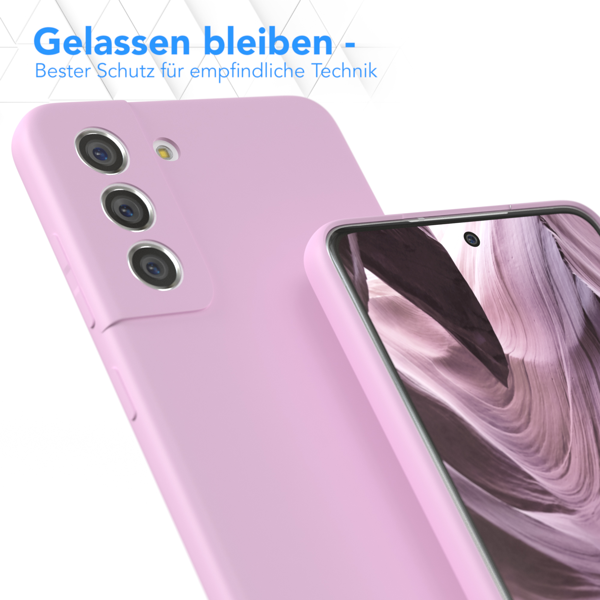 Zwei pinke Handyhüllen, eine auf einem Telefon. Die Handyhülle ist im Hintergrund. Deutscher Text vorhanden.