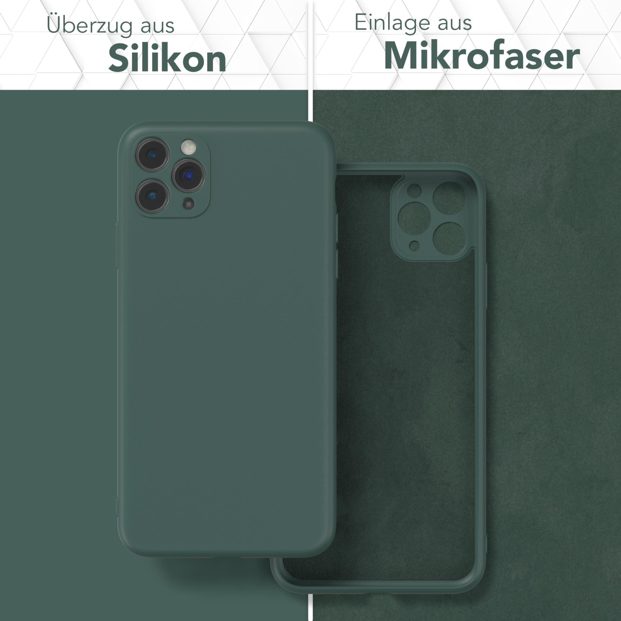Grüne Handyhülle. Text: Überzug aus Silikon, Einlage aus Mikrofaser.