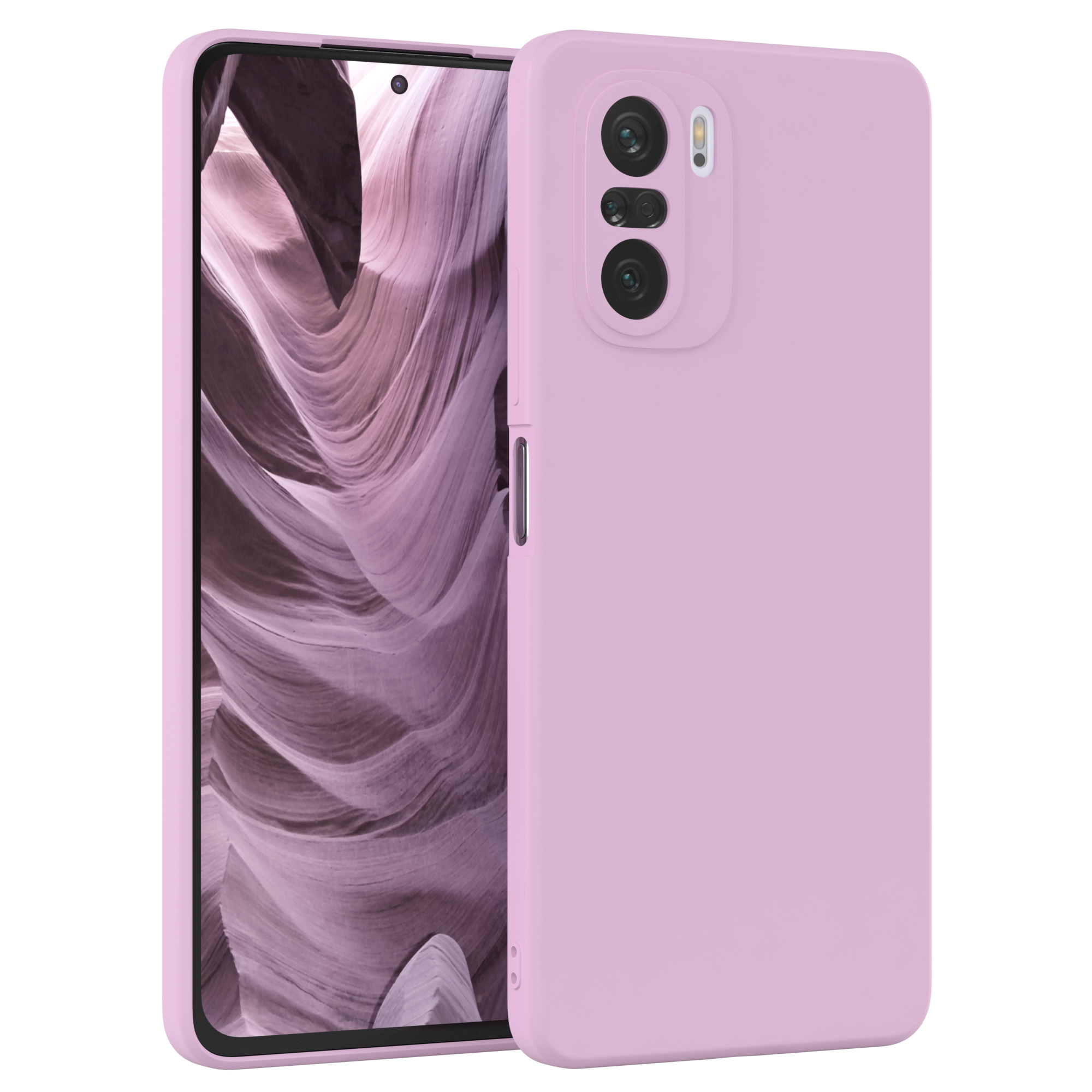 Zwei rosa Telefone, eines steht und das andere liegt. Beide Telefone haben eine Kamera oben.