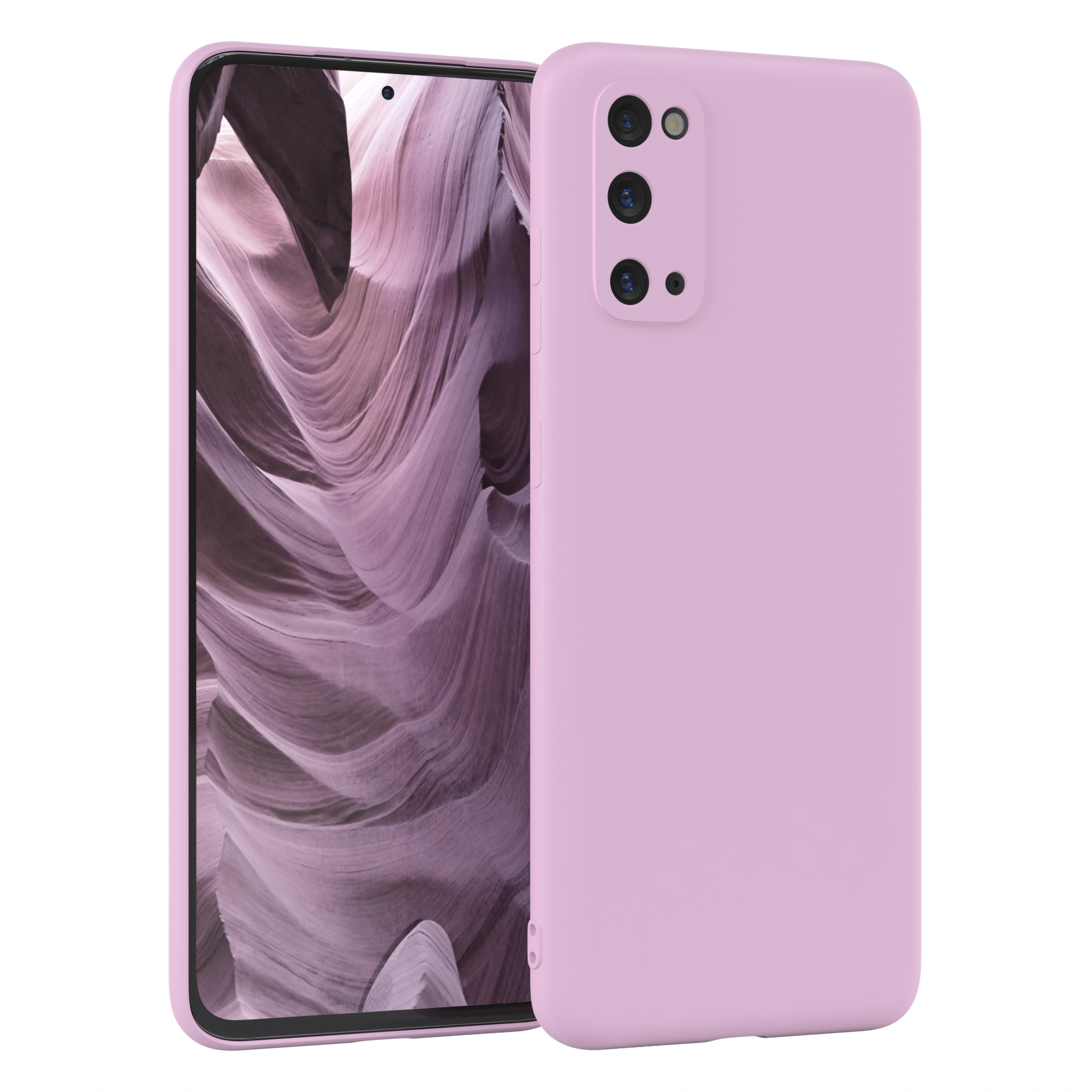 Eine hellviolette Handyhülle mit drei Kameras auf einem Telefonbildschirm.