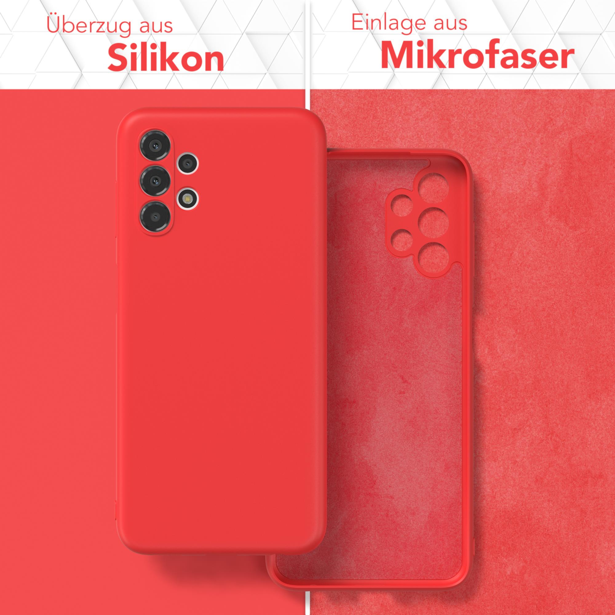 Rote Handyhülle mit separatem Telefon. Text auf Deutsch auf rotem Hintergrund.