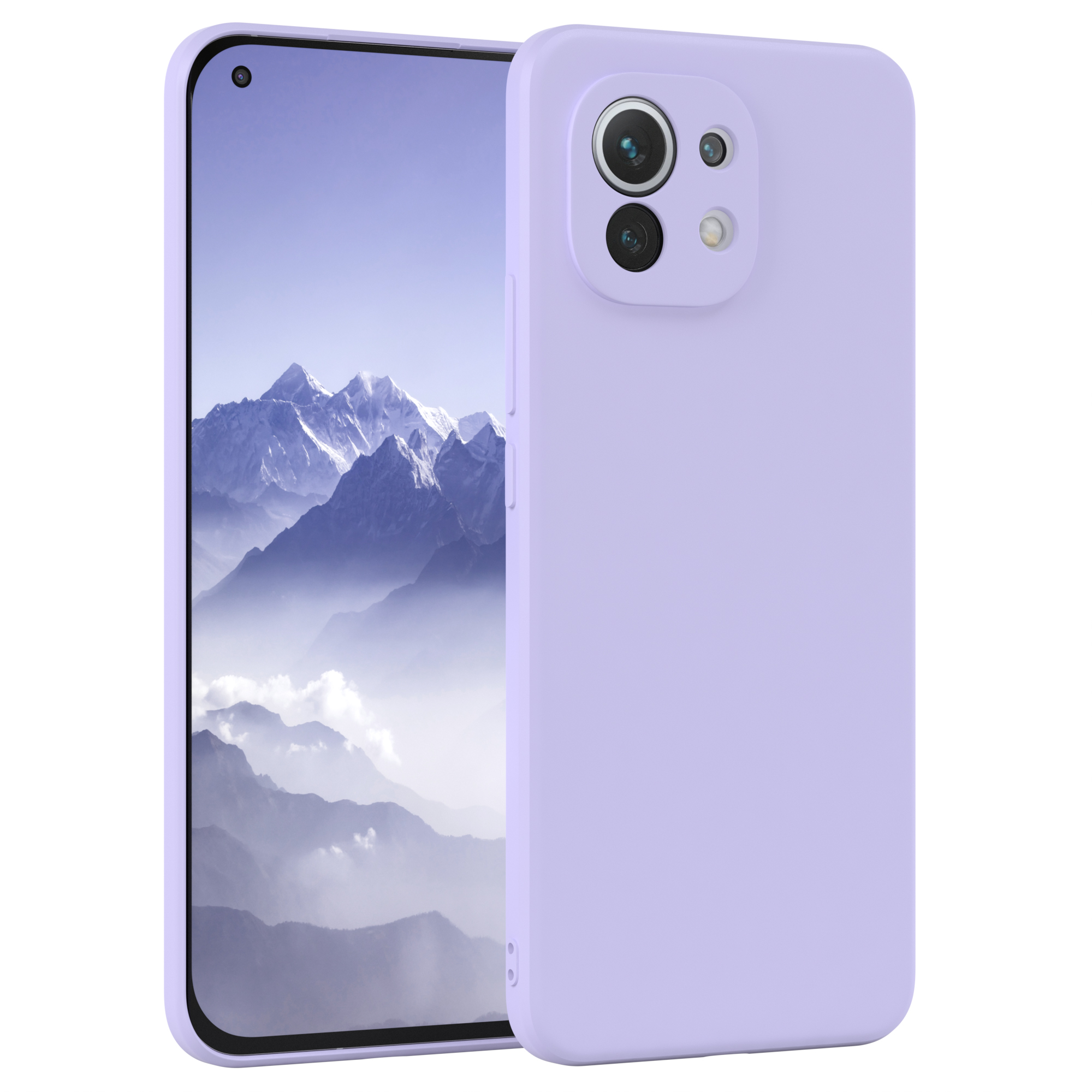 Lila Telefon mit Hülle. Telefonbildschirm sichtbar, Hülle hat Kameraausschnitt und Knöpfe. Weißer Hintergrund.