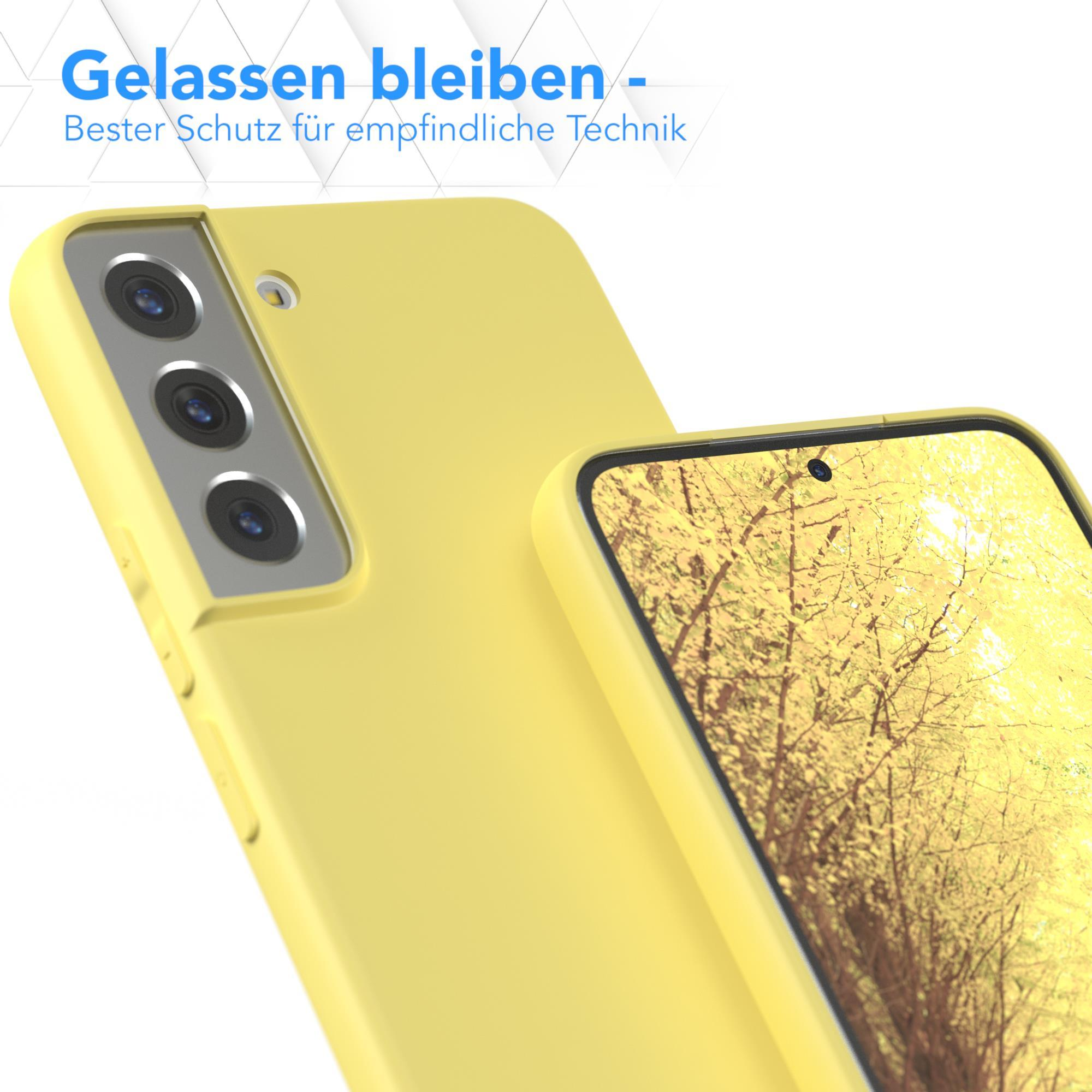 Eine gelbe Handyhülle auf weißem Hintergrund mit Telefon und Text oben.