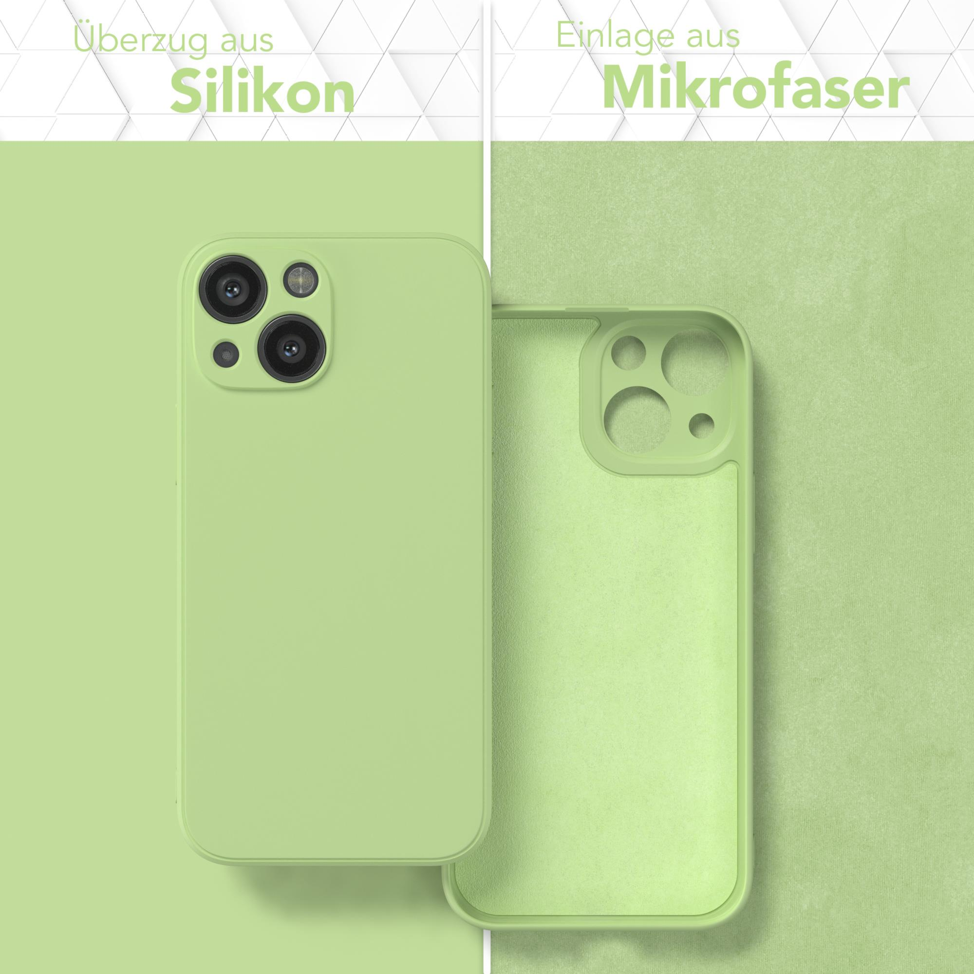 Ein hellgrünes Handycase und sein Mikrofasereinsatz. Der deutsche Text lautet Silikon und Mikrofasern.