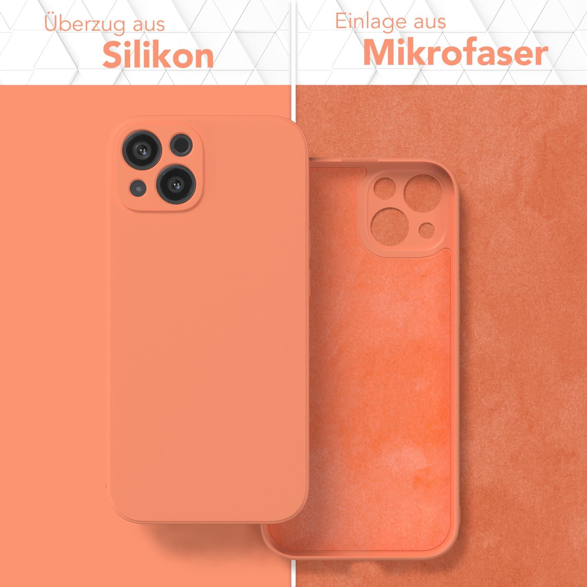 Orangene Handyhülle, offen gezeigt. Silikon links, Mikrofaser rechts. Text auf Deutsch.