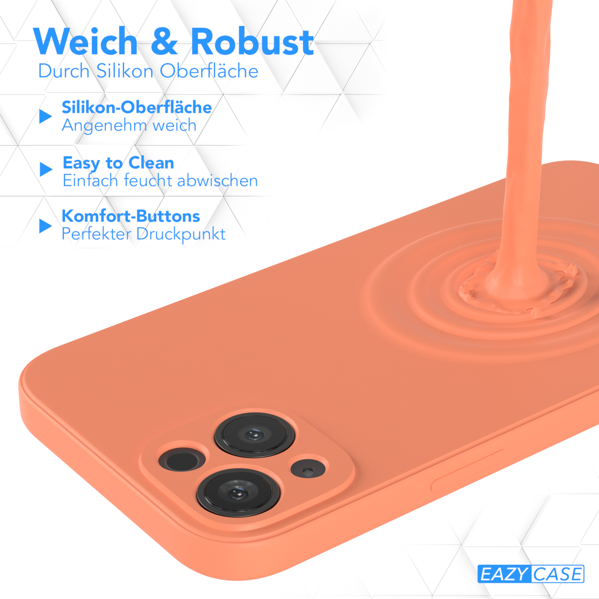 Orangefarbene Handyhülle mit Kameraausschnitt und dem Text „EAZY CASE“.