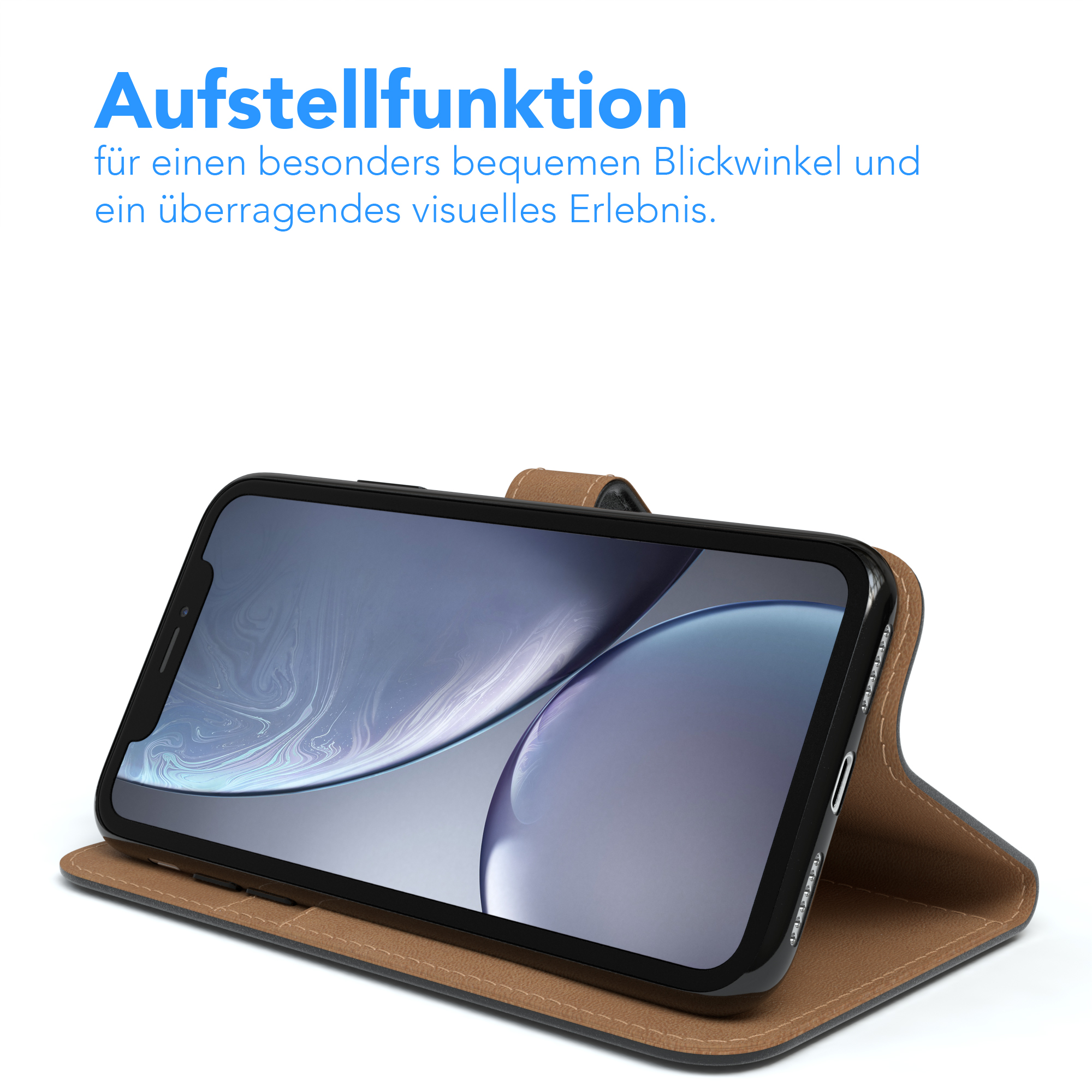 Ein Telefon in einem braunen Gehäuse ist geöffnet, steht und zeigt den Bildschirm.