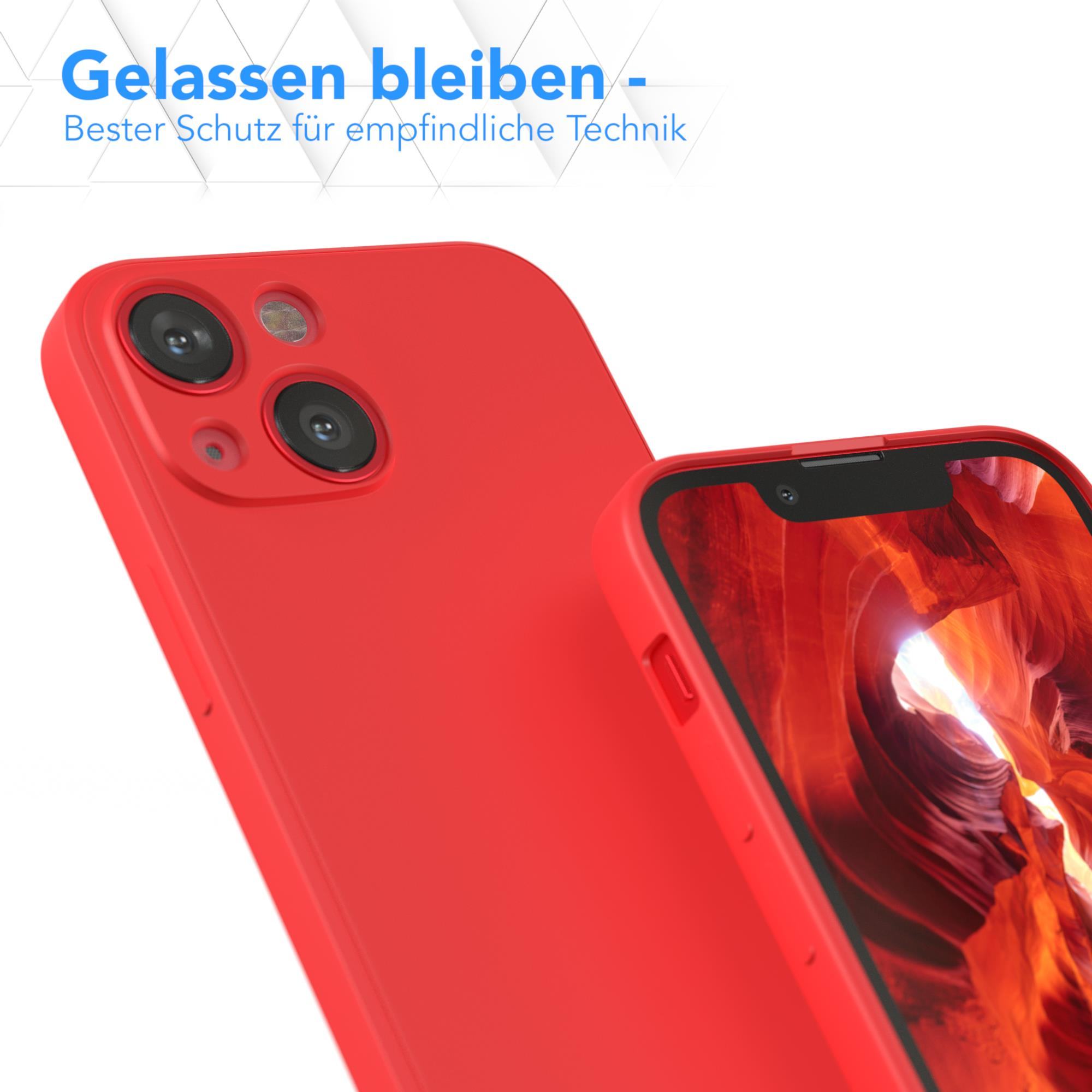 Rote Handyhülle und ein Telefon, mit Text auf Deutsch. Weißer Hintergrund.