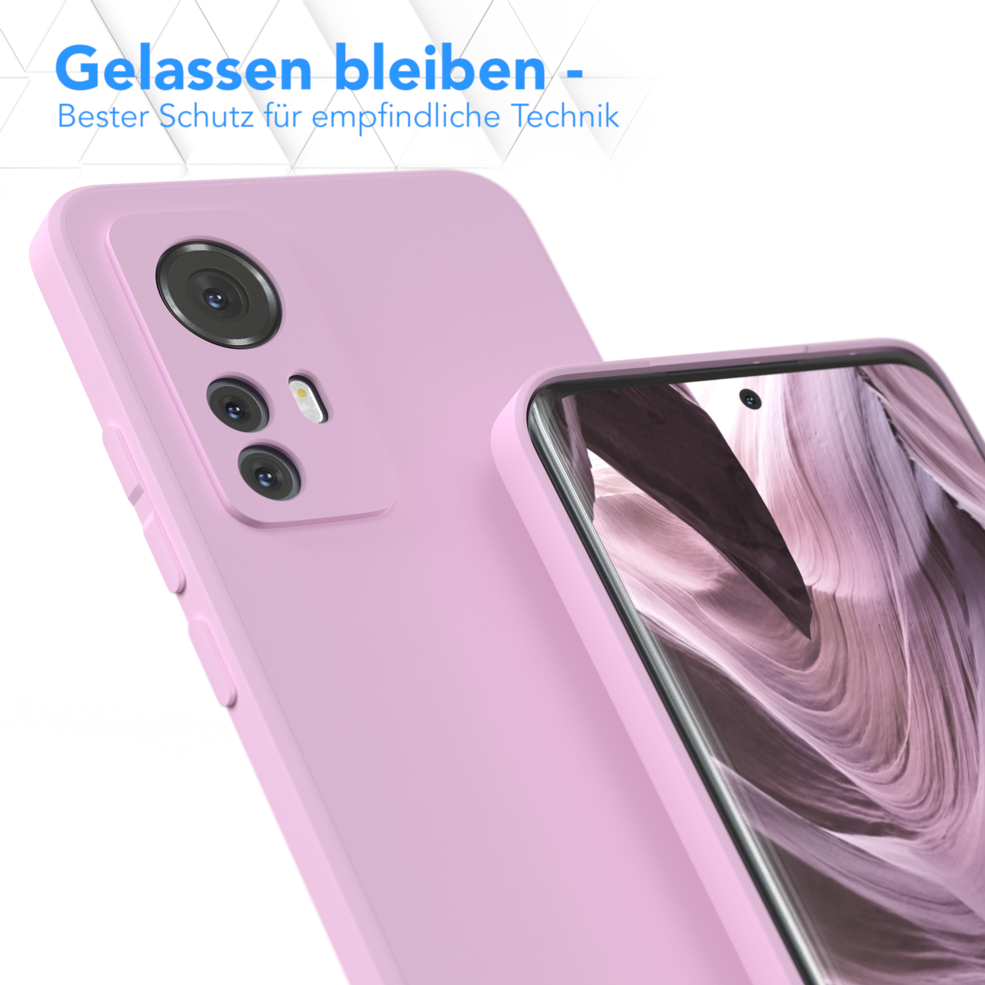 Eine rosa Handyhülle, die ein Handy bedeckt. Die Hülle hat drei Kameralöcher. Weißer Hintergrund.