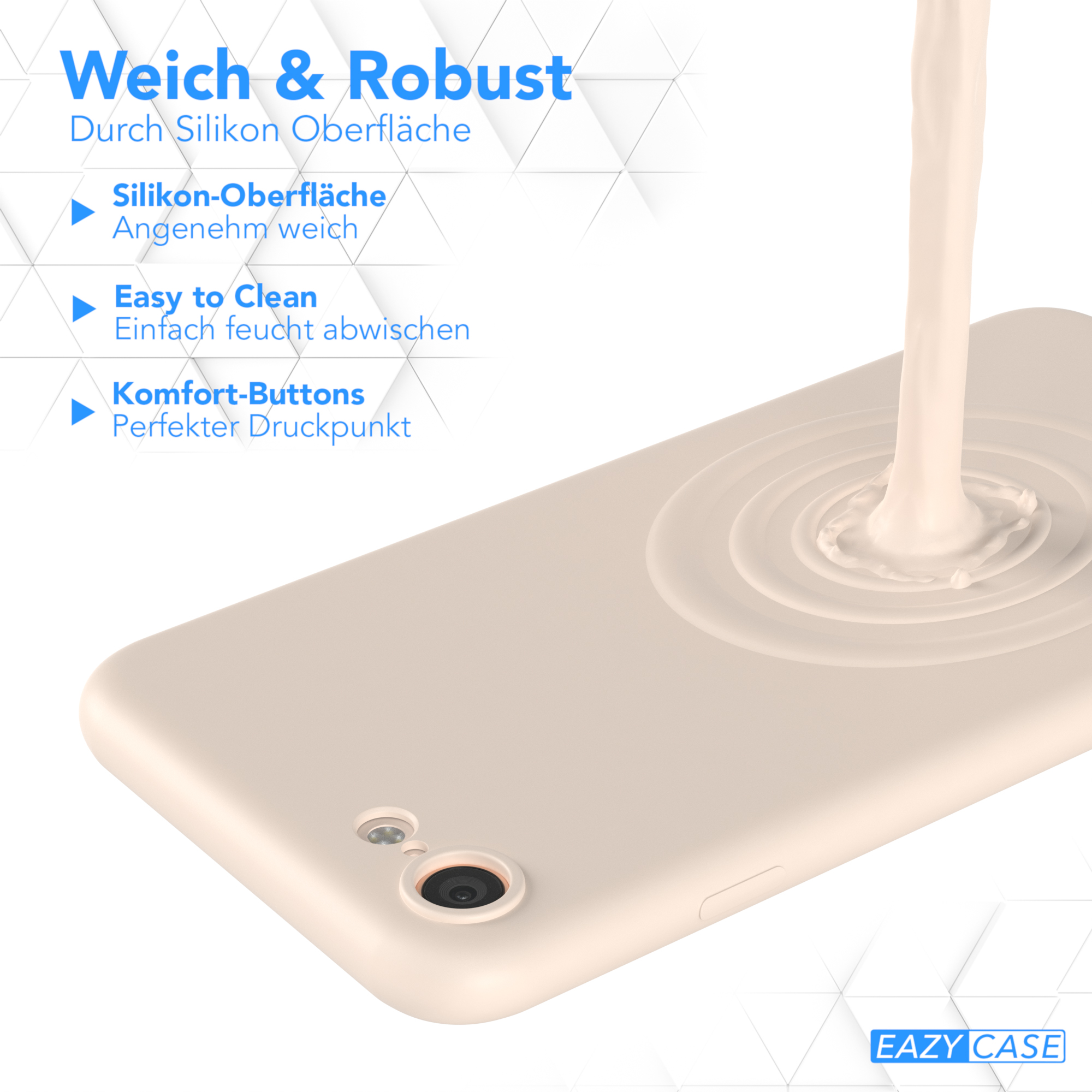 Weiße Handyhülle mit einem Spritzer weißer Flüssigkeit. Text links und rechts. Weißer Hintergrund.