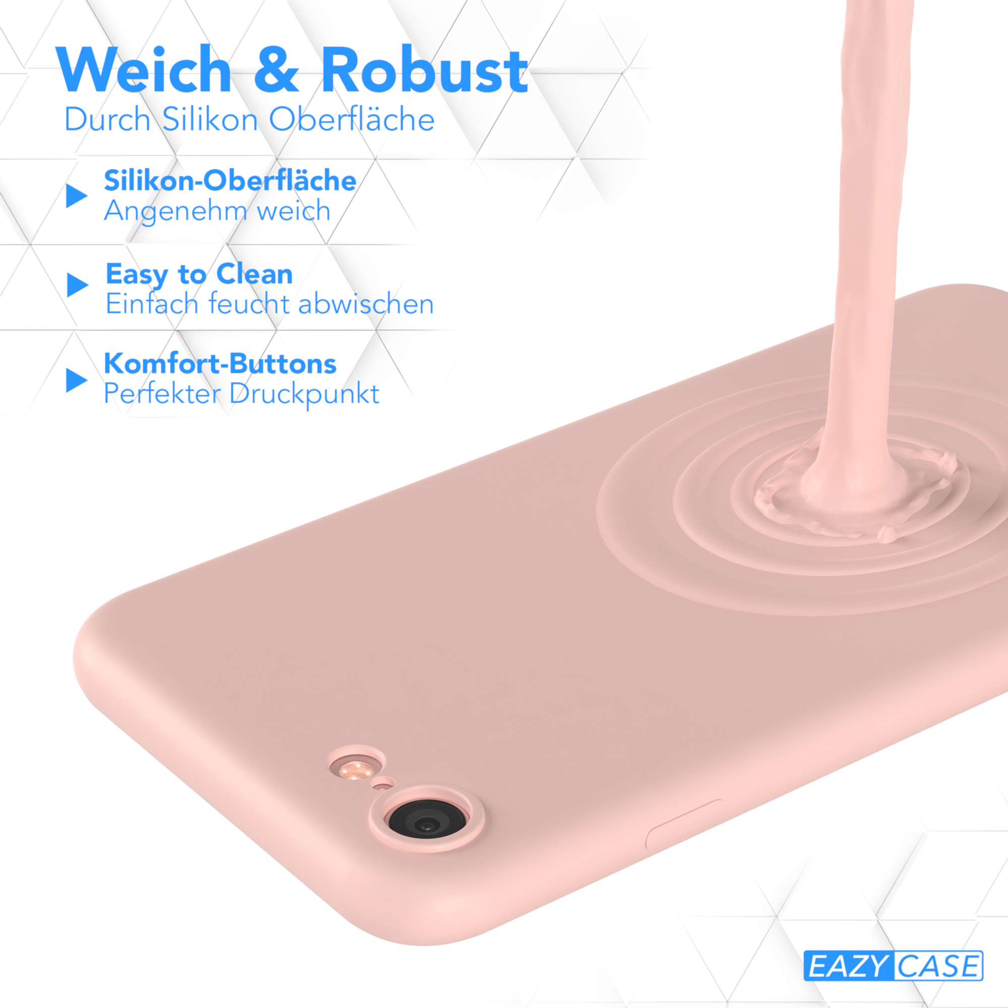 Eine rosa Handyhülle mit dem Text 'Weich & Robust' und einer Telefon-Silhouette.