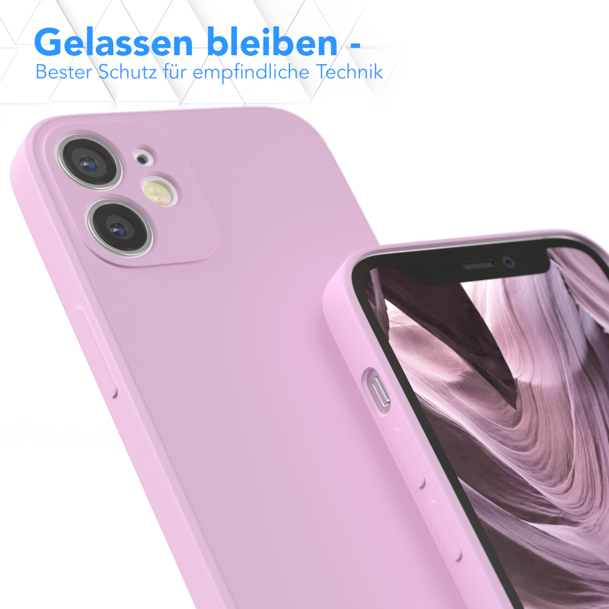 Rosa Handyhülle mit einem Handy, Nahaufnahme.