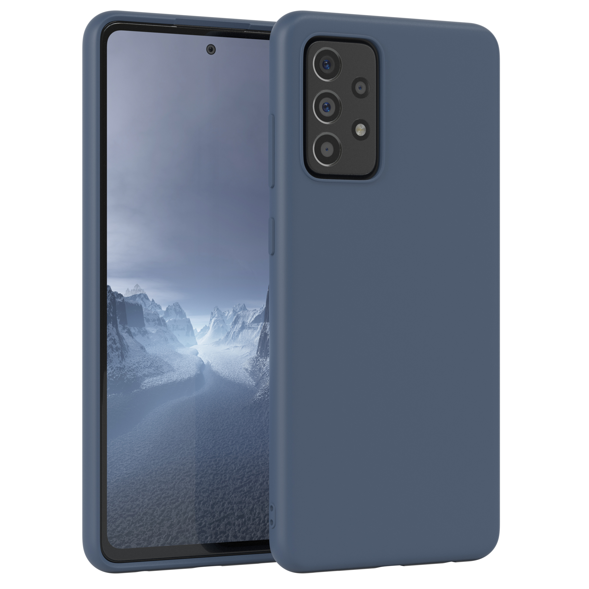 Blaue Handyhülle mit Telefon. Telefon hat drei Linsen. Weißer Hintergrund.