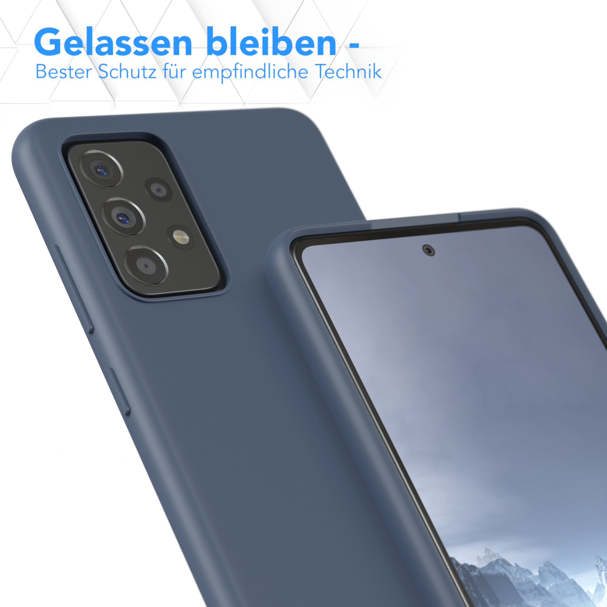 Blaue Handyhülle. Telefon in der Hülle. Weißer Hintergrund. Text oben.