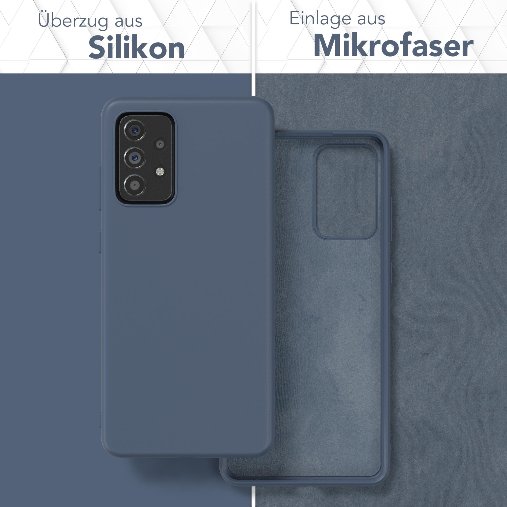 Eine blaue Handyhülle, ein Telefon darin und eine Mikrofaser-Schicht, mit Text, der die verwendeten Materialien angibt.