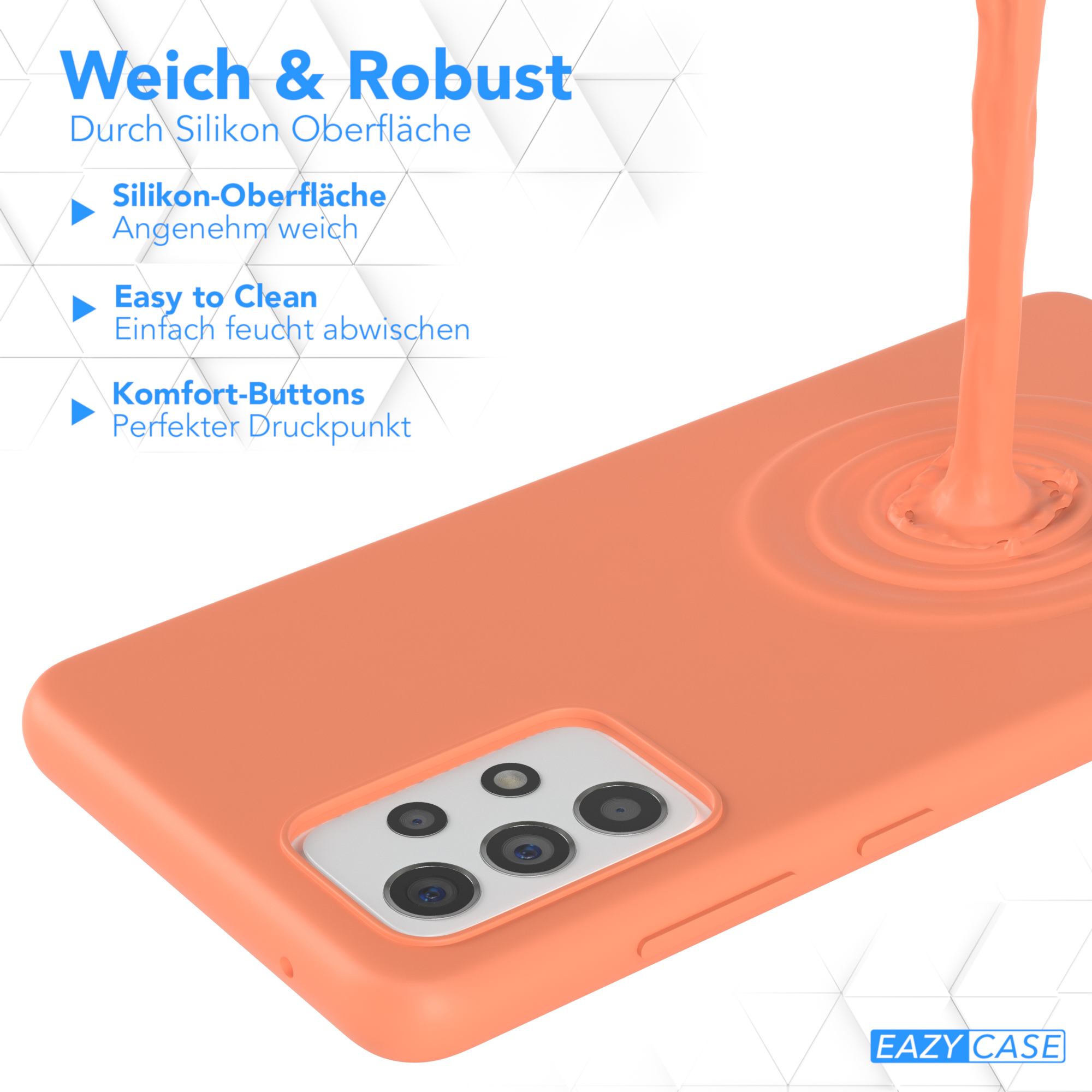 Orangefarbene Handyhülle mit orangefarbener Flüssigkeit, die darauf gegossen wird. Weißer Hintergrund.